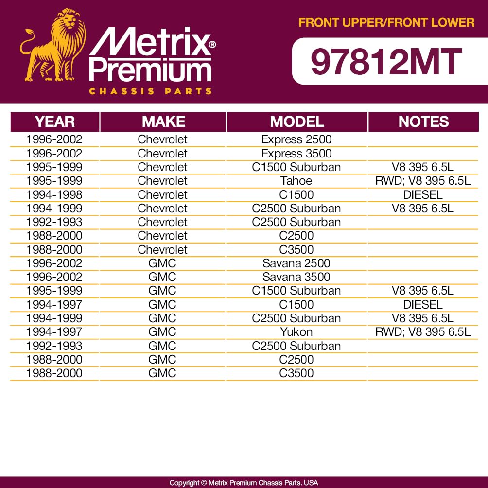 Metrix Premium Chassis Parts - 4 Pc Front Lower & Front Upper Control Arm Kit Fits 96-02 Chevrolet Express 2500, Express 3500, G