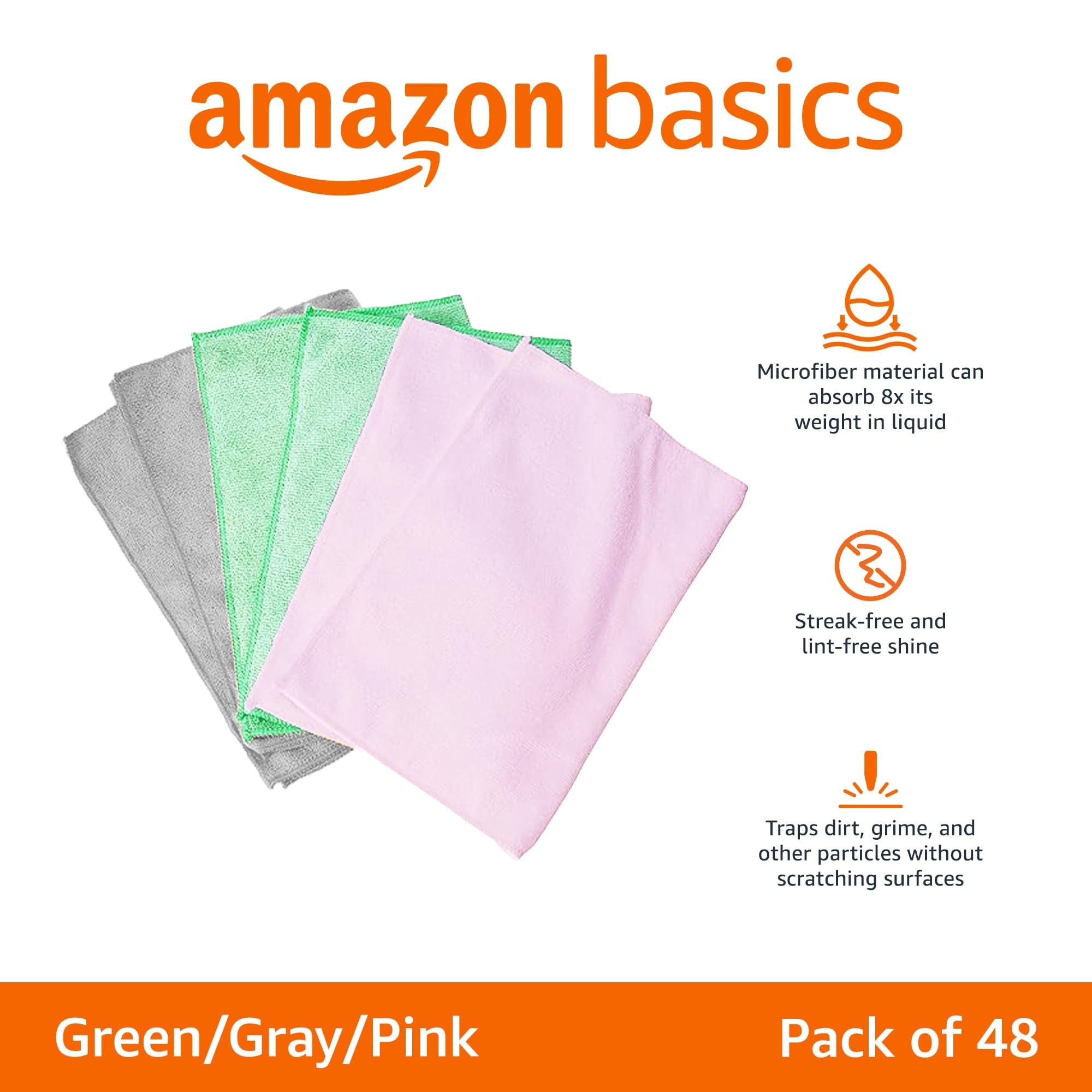 Amazon Basics Microfiber Cleaning Cloths, Non-Abrasive, Reusable And Washable, Pack Of 48, Green/Gray/Pink, 16'' X 12''
