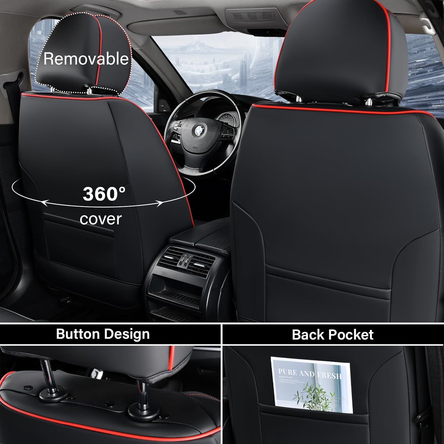Coverado Car Seat Covers Full Set, Seat Covers For Cars, Black Car Seat Cover, Car Seat Protector Waterproof, Nappa Leather Car