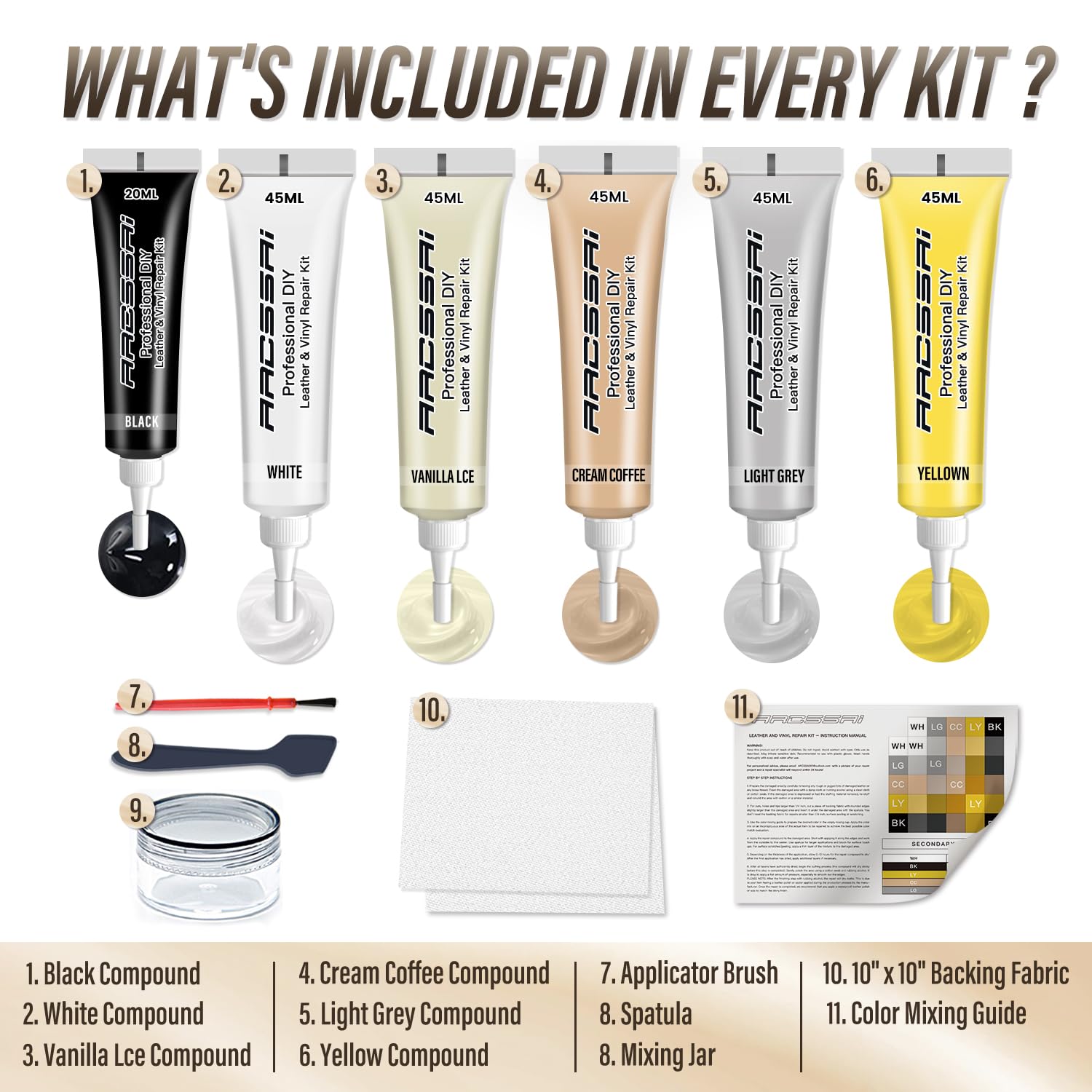 ARCSSAI Neutral Color Leather Repair Kit for Furniture, Car Seats, and More - PU Gel, Easy Instructions, Model ARCSSAL-098