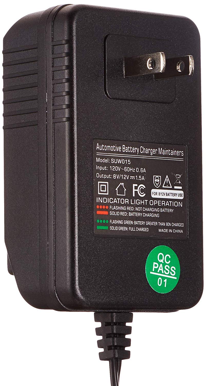 Suuwer 8V/12V 1.5A Automatic Battery Charger for Car, Motorcycle, Lawn Mower - Black