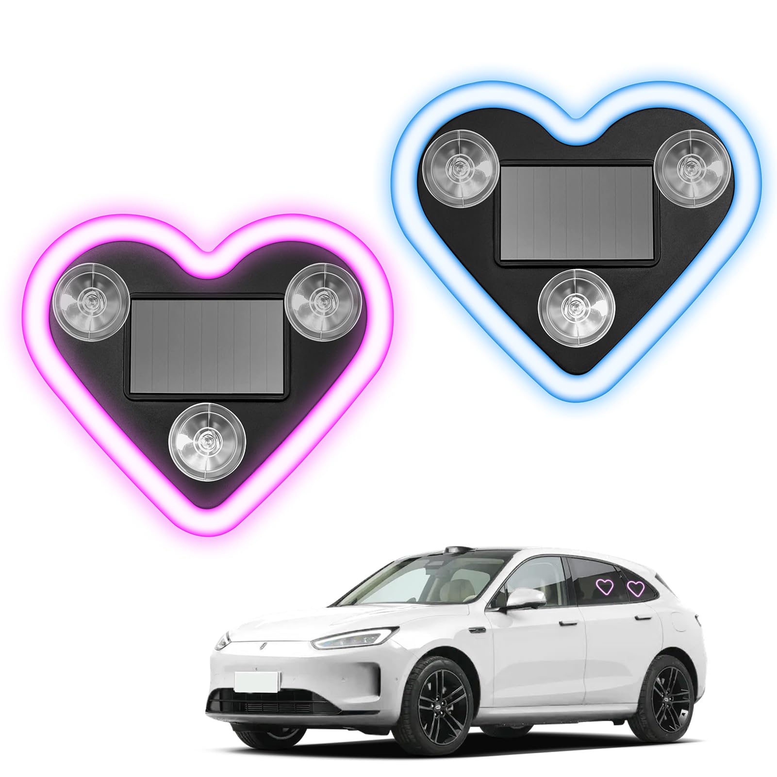 Heart-Shaped LED Neon Light | Solar and USB Rechargeable | 1 Pcs Pink & 1 Pcs Blue Car Interior Lights with Suction Cups | 40 Hi