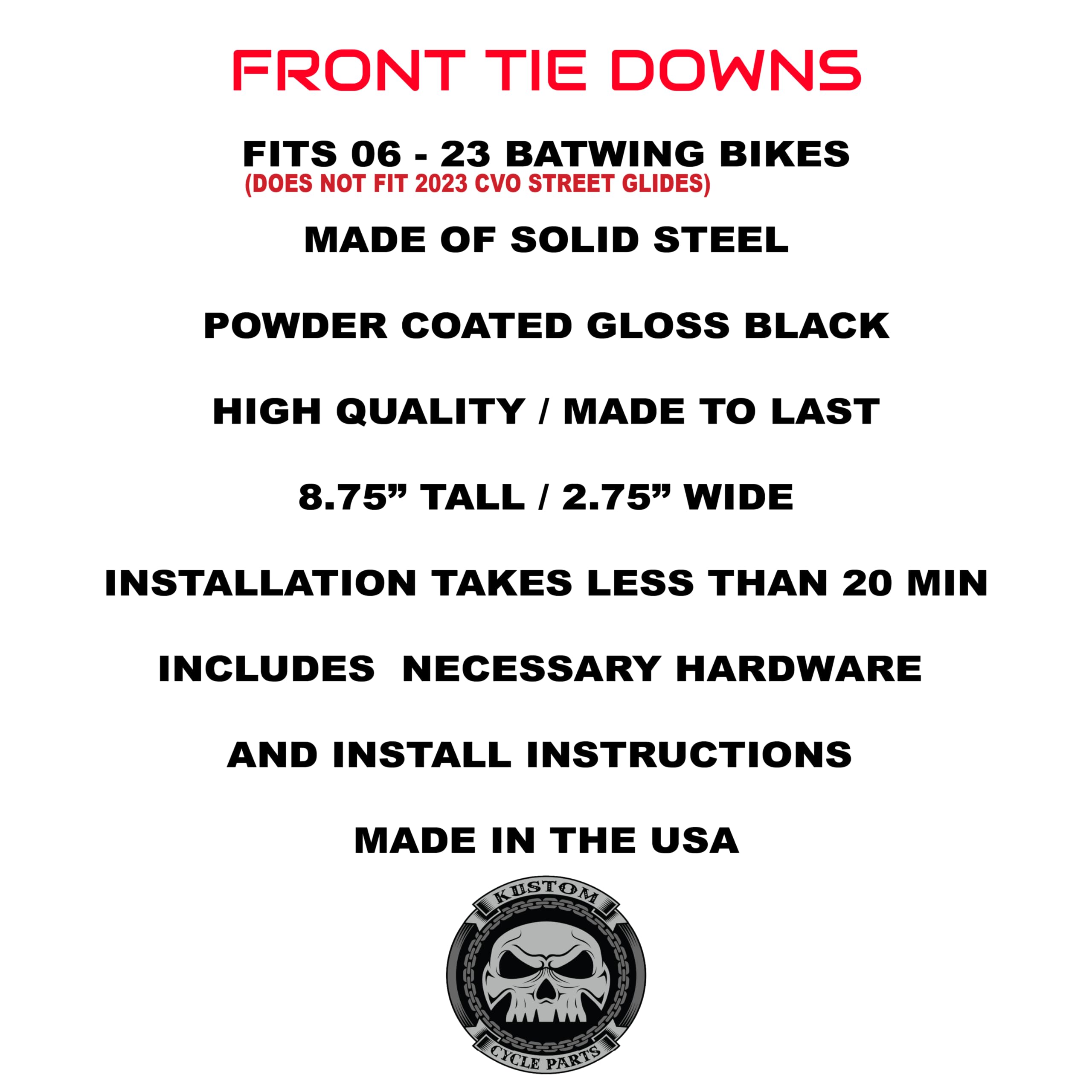 Kustom Cycle Parts Aftermarket Harley Davidson Touring Front Tie Down Bracket Fits 2006 - 2023 Street Glide And Electra Glides.