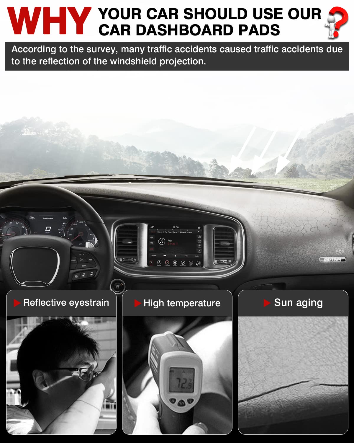 Autorder Dashboard Cover Mat For 2011-2023 Dodge Charger Accessories Dash Cover Flannel Dash Mat Sunshade Glare Uv Rays Protecto
