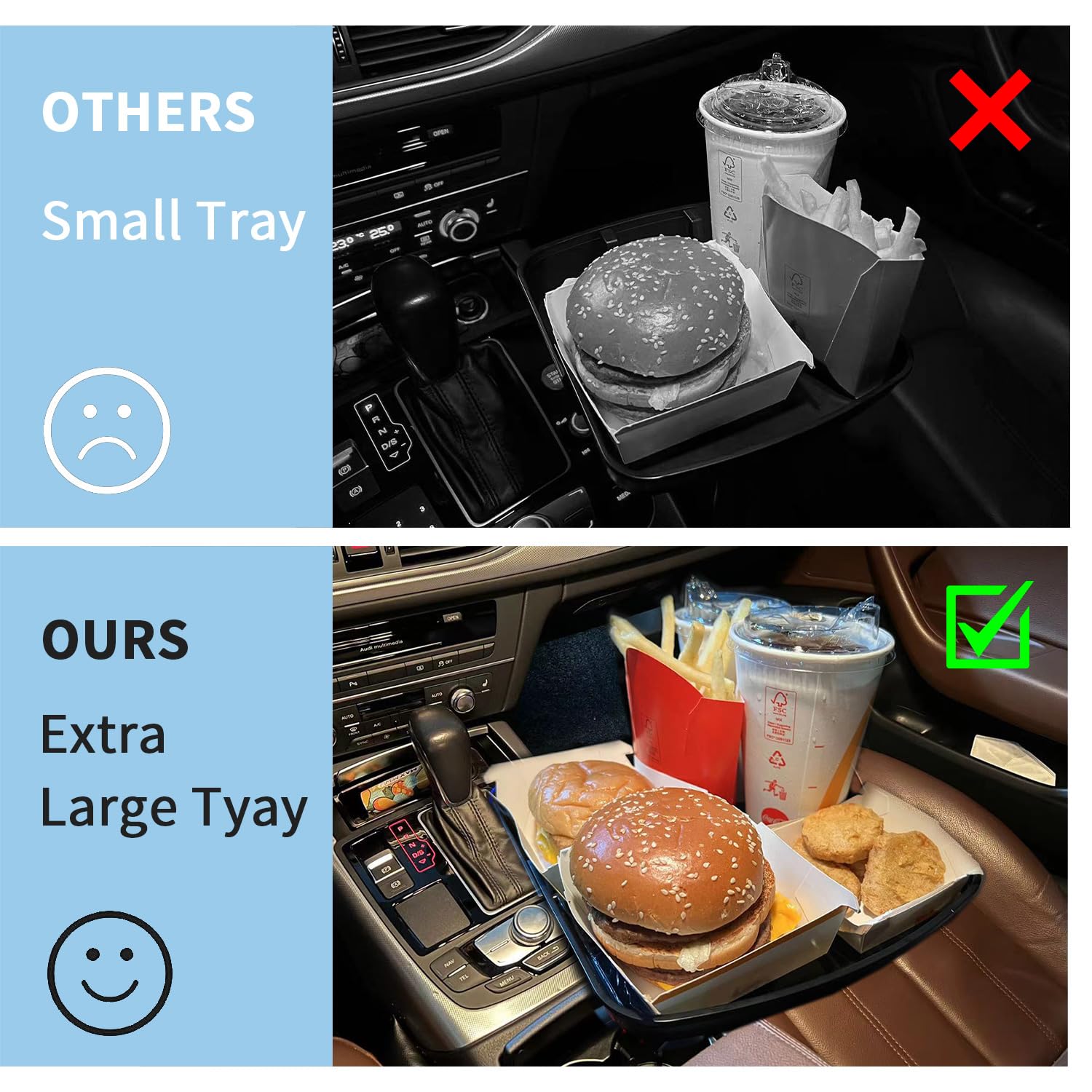 Kelofam 10" Car Food Tray - Detachable Cup Holder Expander, 360° Rotating, Black, Model KLF23002