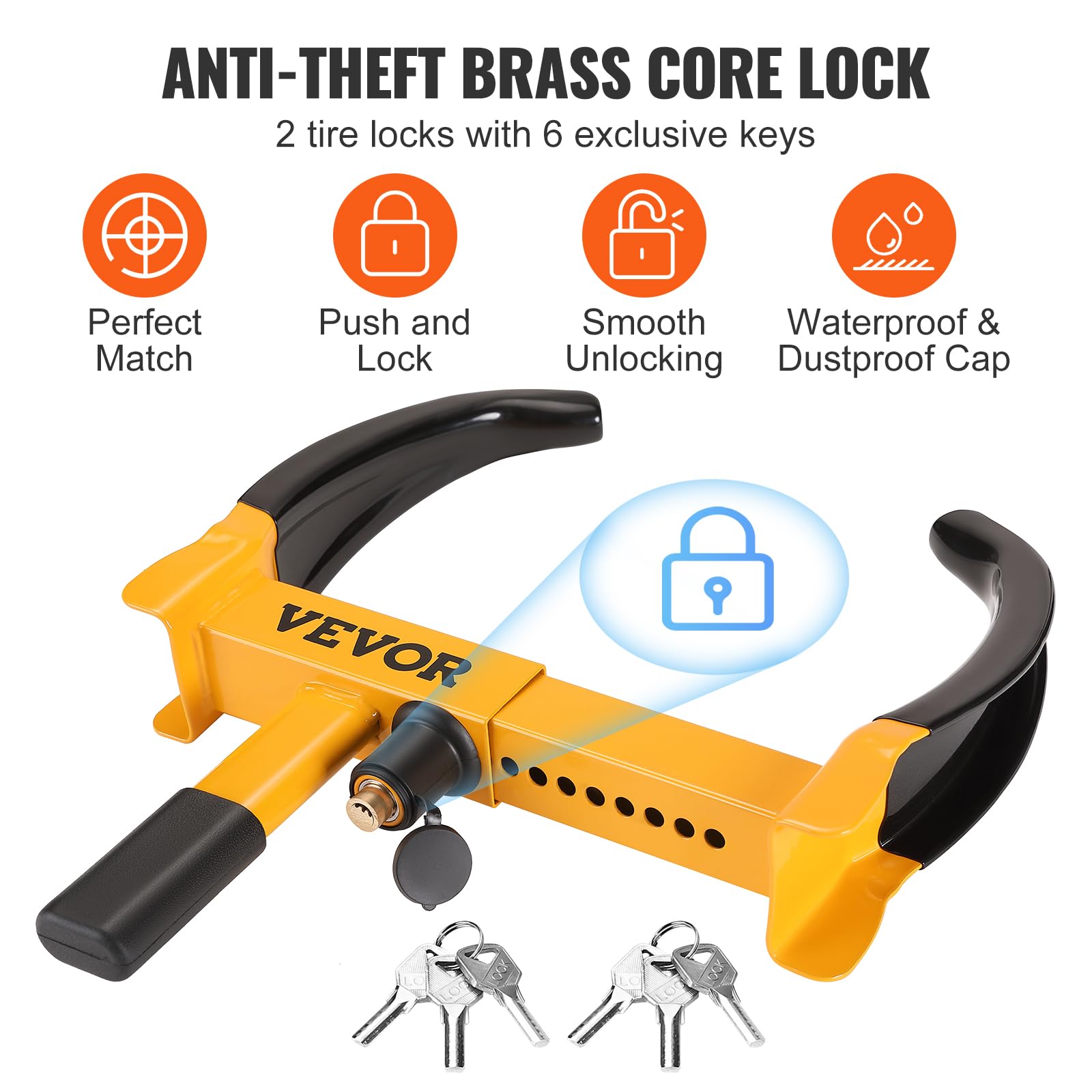Vevor Wheel Lock, 2 Packs Universal Wheel Clamp Lock, Adjustable Anti Theft Trailer Lock Wheel Clamp, Heavy-Duty Steel Tire Lock For Atv Suv Car Golf Cart Boats Motorcycles, With 6 Keys
