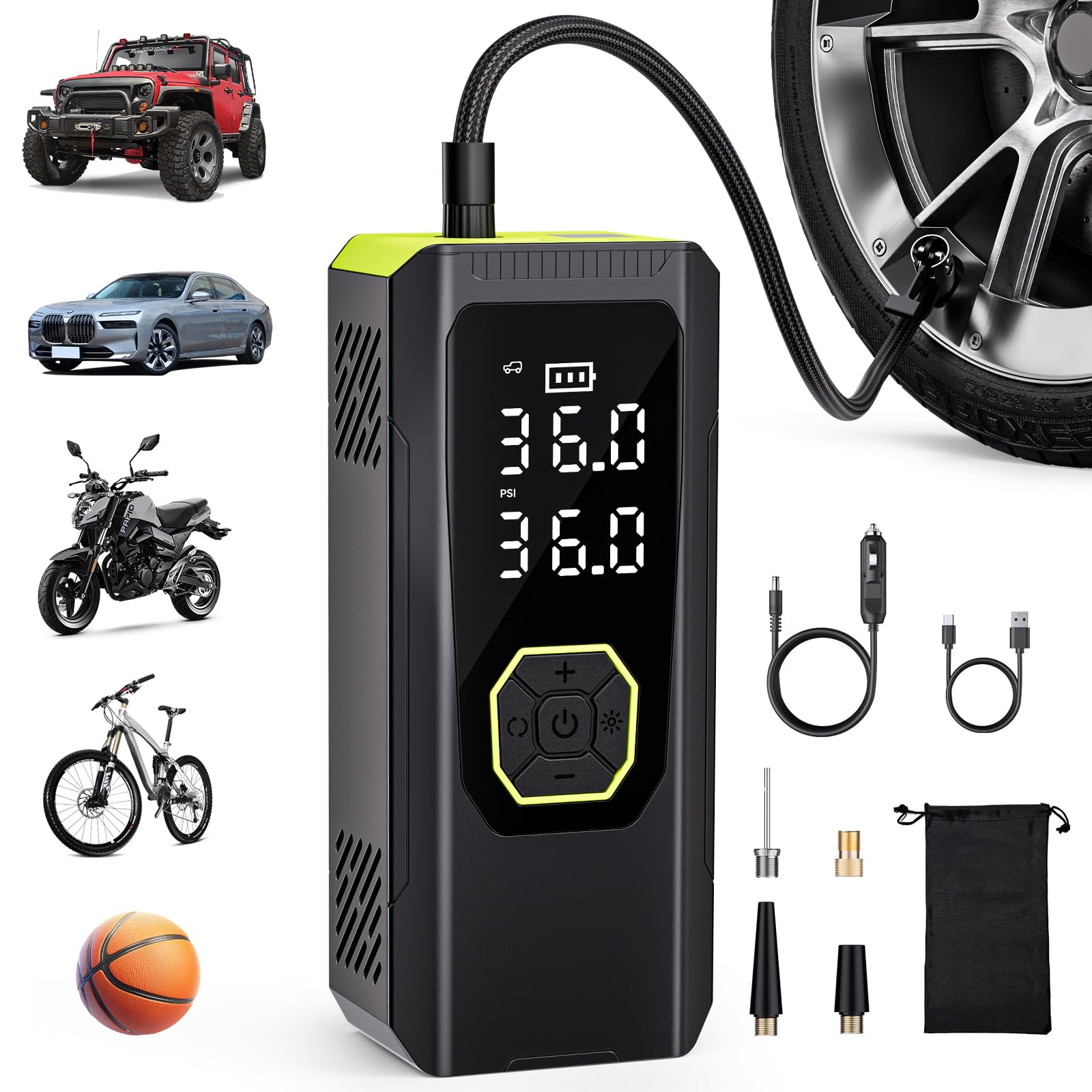 OUSHASAA Tire Inflator Portable Air Compressor, 144PSI Air Pump for Car Tires-Dual Mode Inflation, Tire Pump with Pressure Gauge