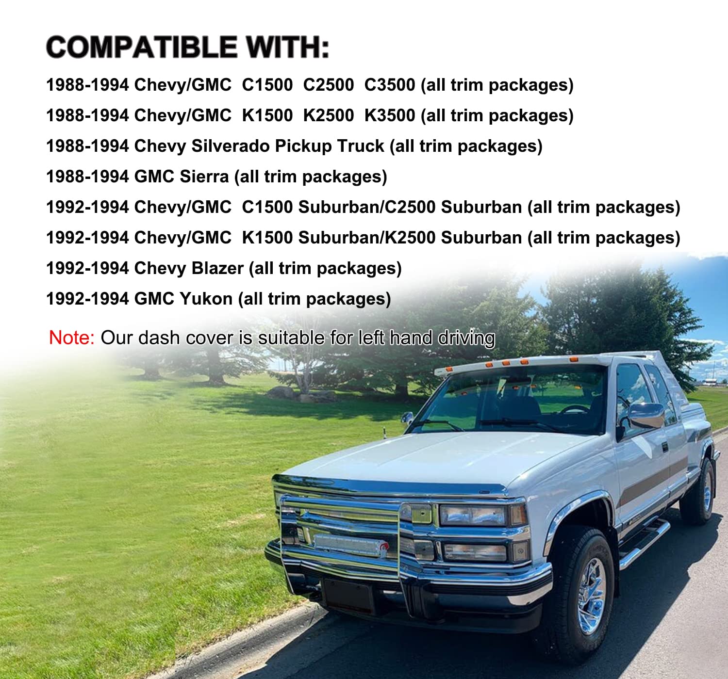 Yiz Dashboard Cover Mat for Chevy Silverado/GMC Sierra 88-94, Dark Gray, Fits C1500 C2500 C3500 K1500 K2500 K3500, Pickup Truck