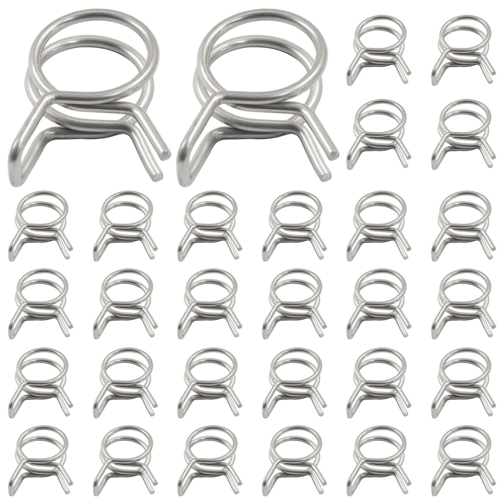 BokWin 30 Pack 12mm Inner Dia Double Wire Spring Hose Clamp, Adjustable Spring Clips, Stainless Steel for Hose, Fuel Line, Water