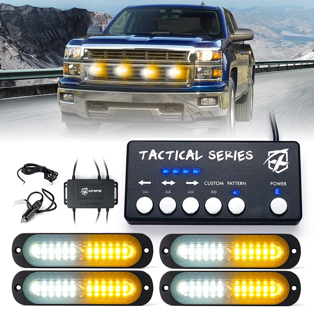 Xprite Led Surface Mount Strobe Lights Kit, White Amber Grill Grille Emergency Warning Marker Flashing Light With Control Box Fo
