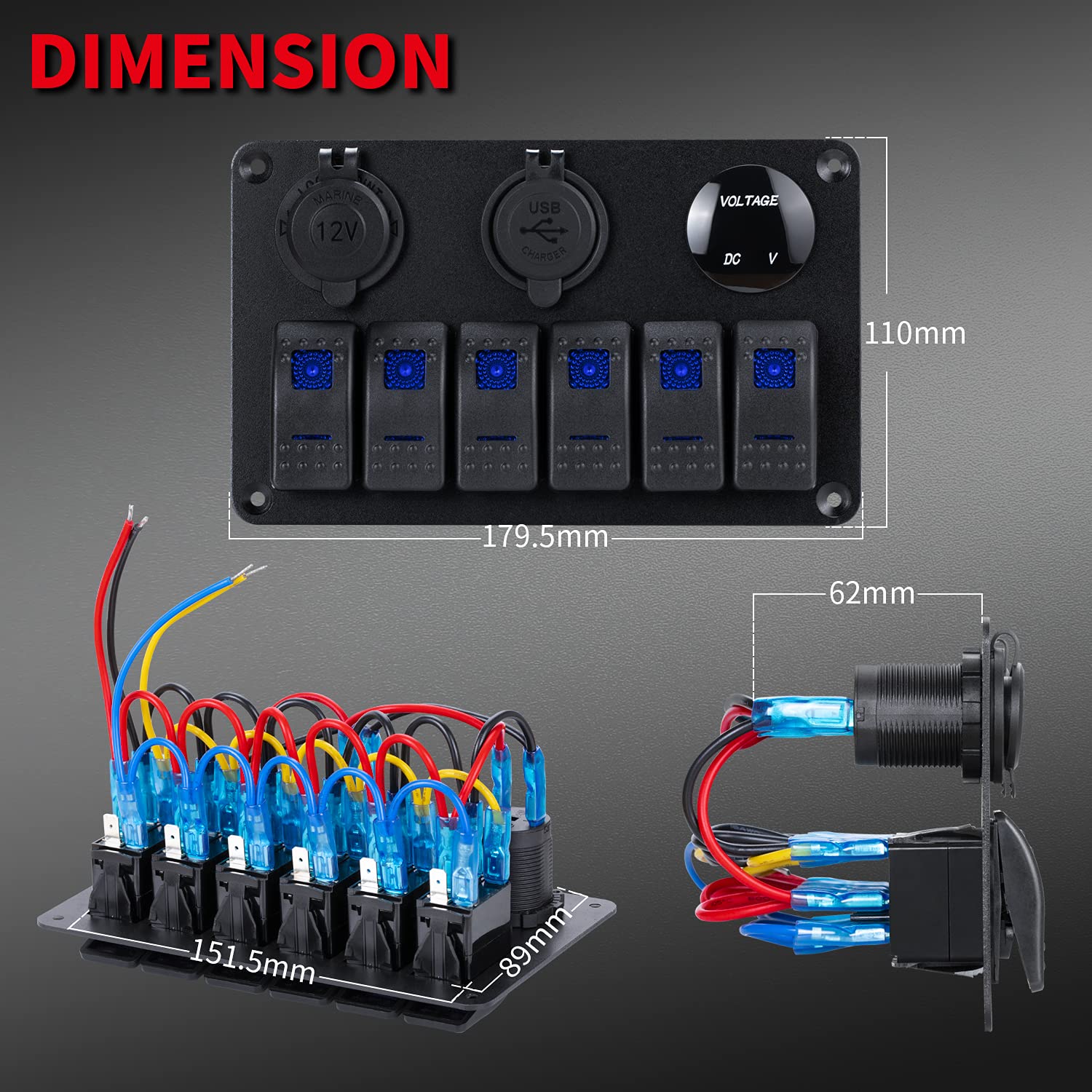 DAIERTEK 6 Gang Marine Rocker Switch Panel, Waterproof 12V with Blue LED, USB, Cigarette Lighter, Voltmeter - Boat/Car/RV/UTV