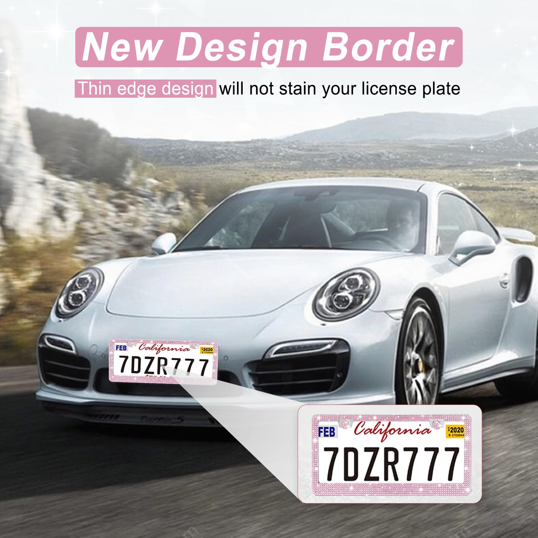 Amiss Bling License Plate Frame for Women, 2Pack Rhinestone Handcrafted Crystal Premium Stainless Steel, Stainless Steel Car Acc