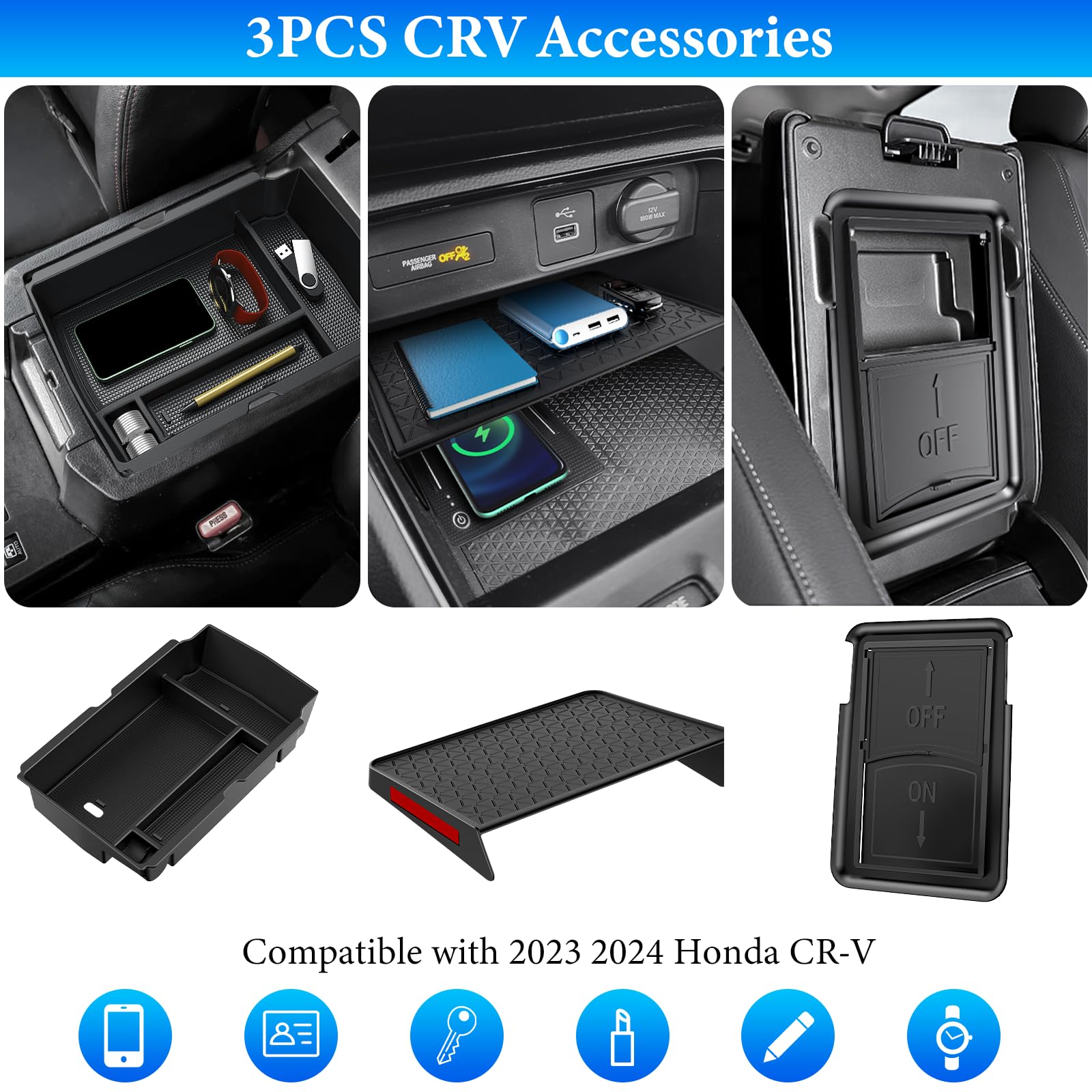YPHUIKI 3PCS Center Console Organizer Compatible with Honda CRV 2023 2024 Accessories CR-V Hybrid Armrest Organizer Tray Hidden