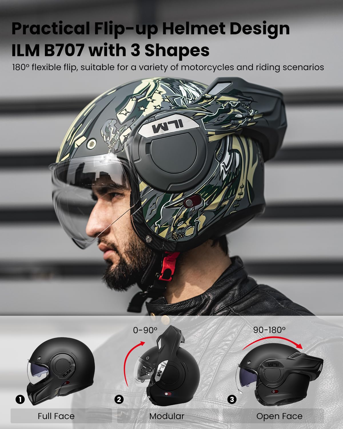 Ilm Vintage Full Face Modular Motorcycle Helmet For Adults Men Atv Utv With 180 Reversible Chin Guard Dot Model-B707(Army Green,