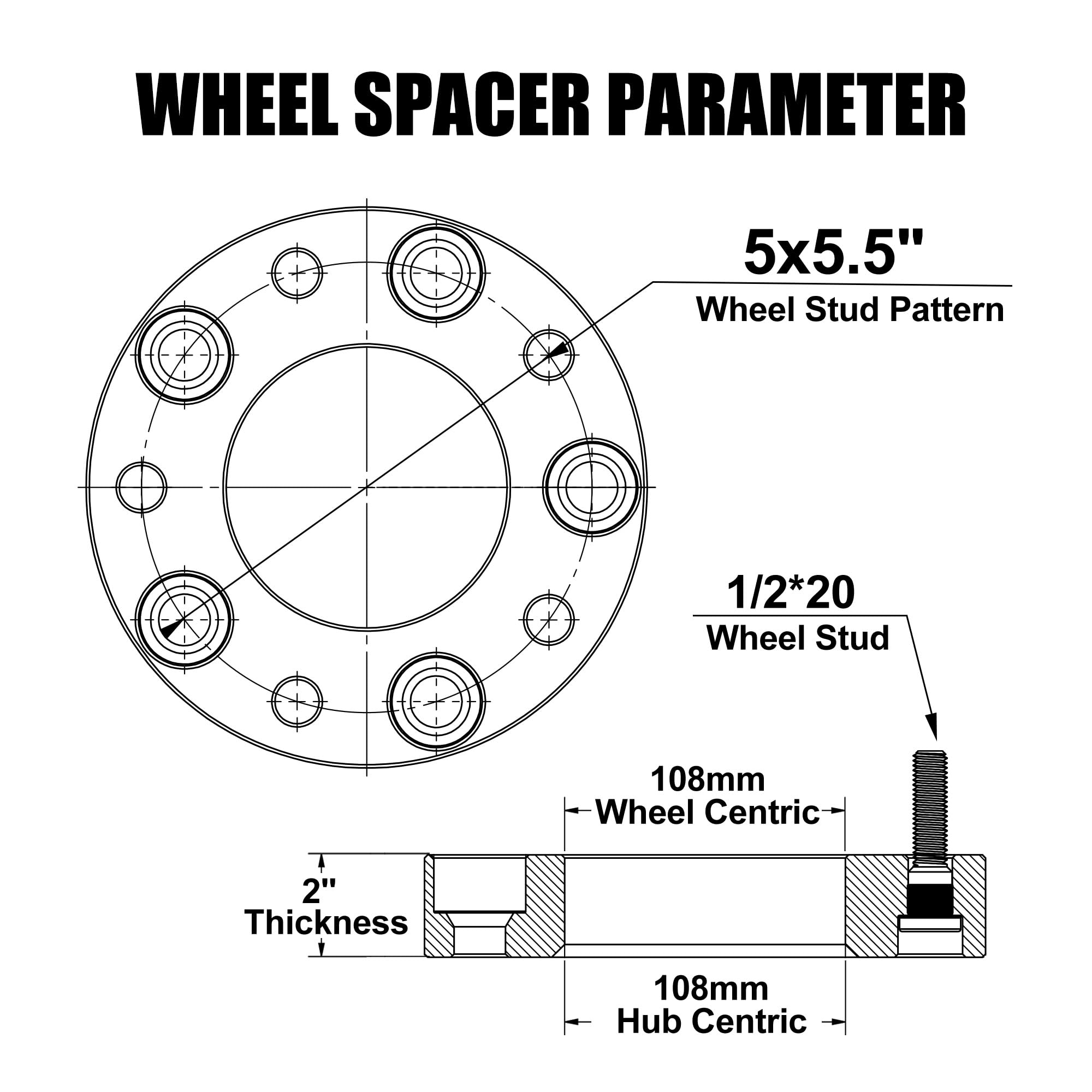 5X5.5 Wheel Spacers For 1994-2001 Ram 1500, 2 Inch 5X139.7Mm Forged Wheel Spacer With 1/2-20 Studs & 108Mm Center Bore For Cj3 C