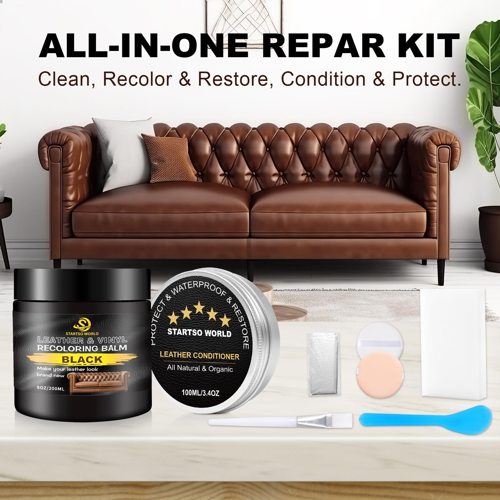 STARTSO WORLD Leather Recoloring Balm & Conditioner Kit, 200ml, Black, Repair & Dye for Furniture & Couches