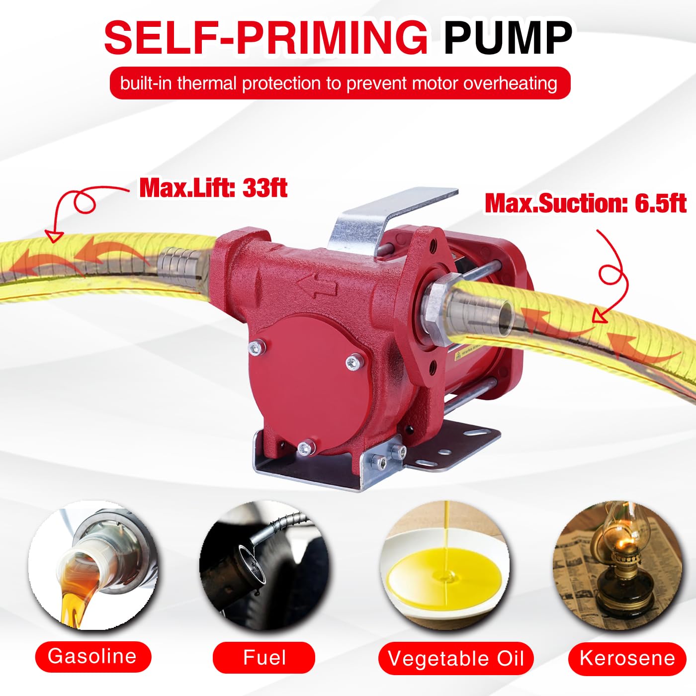 TOPWAY 12V DC Gasoline Fuel Pump - 10GPM Self-priming, Cast Iron, Overheat Protection, Model TOP07071, Explosion-Proof, Red