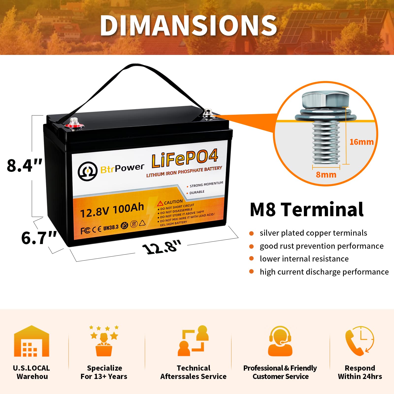 12V 100AH LiFePO4 Lithium Battery, 5000+ Cycles Deep Cycle LiFePO4 Battery with Built-in 100A BMS fit for RV, Home Storage,Troll