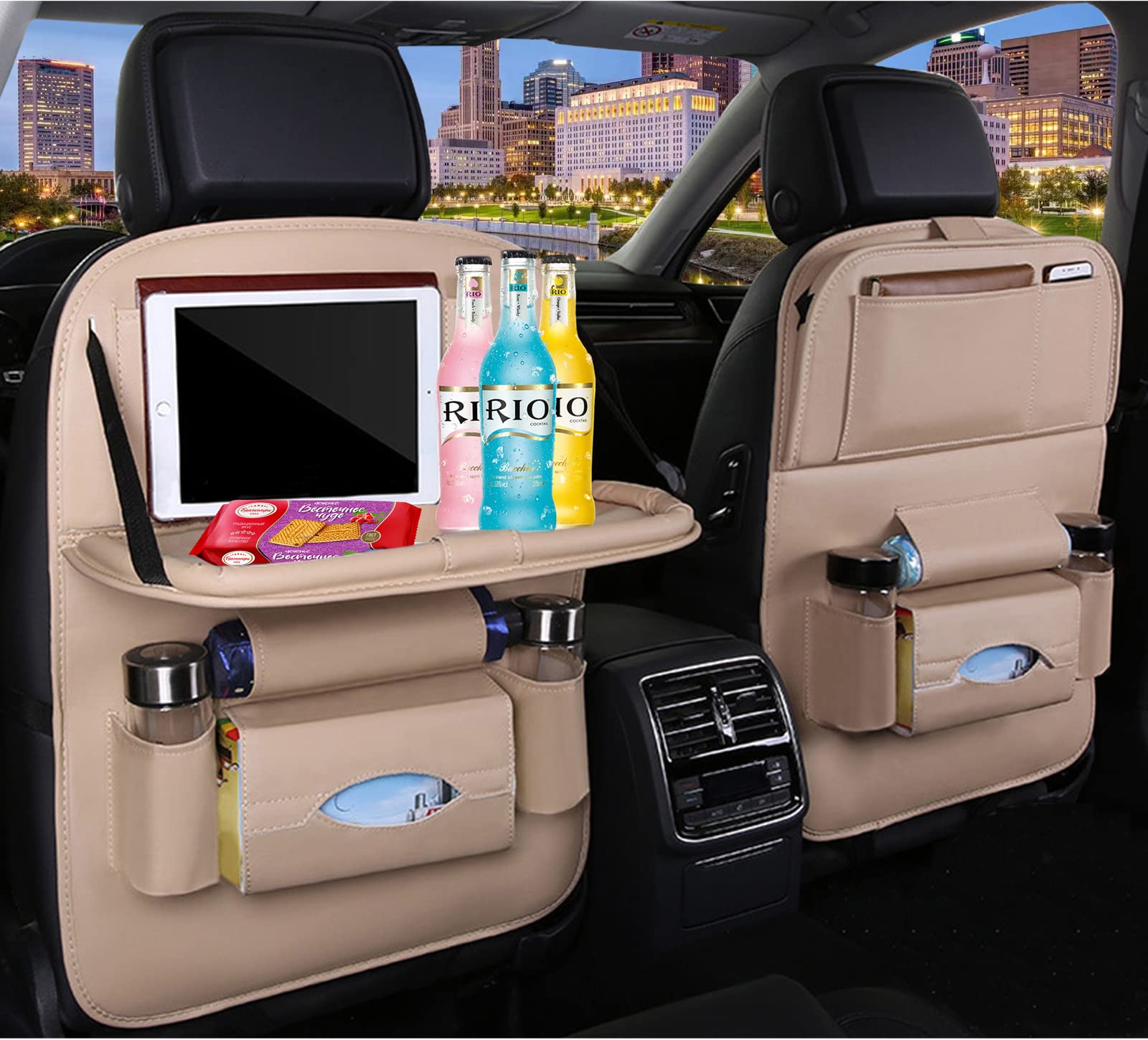 ASENDIWAY Premium PU Leather Backseat Seat Organizer with Foldable Table, Multi-Storage Pockets and Adjustable Buckle Strap - Be