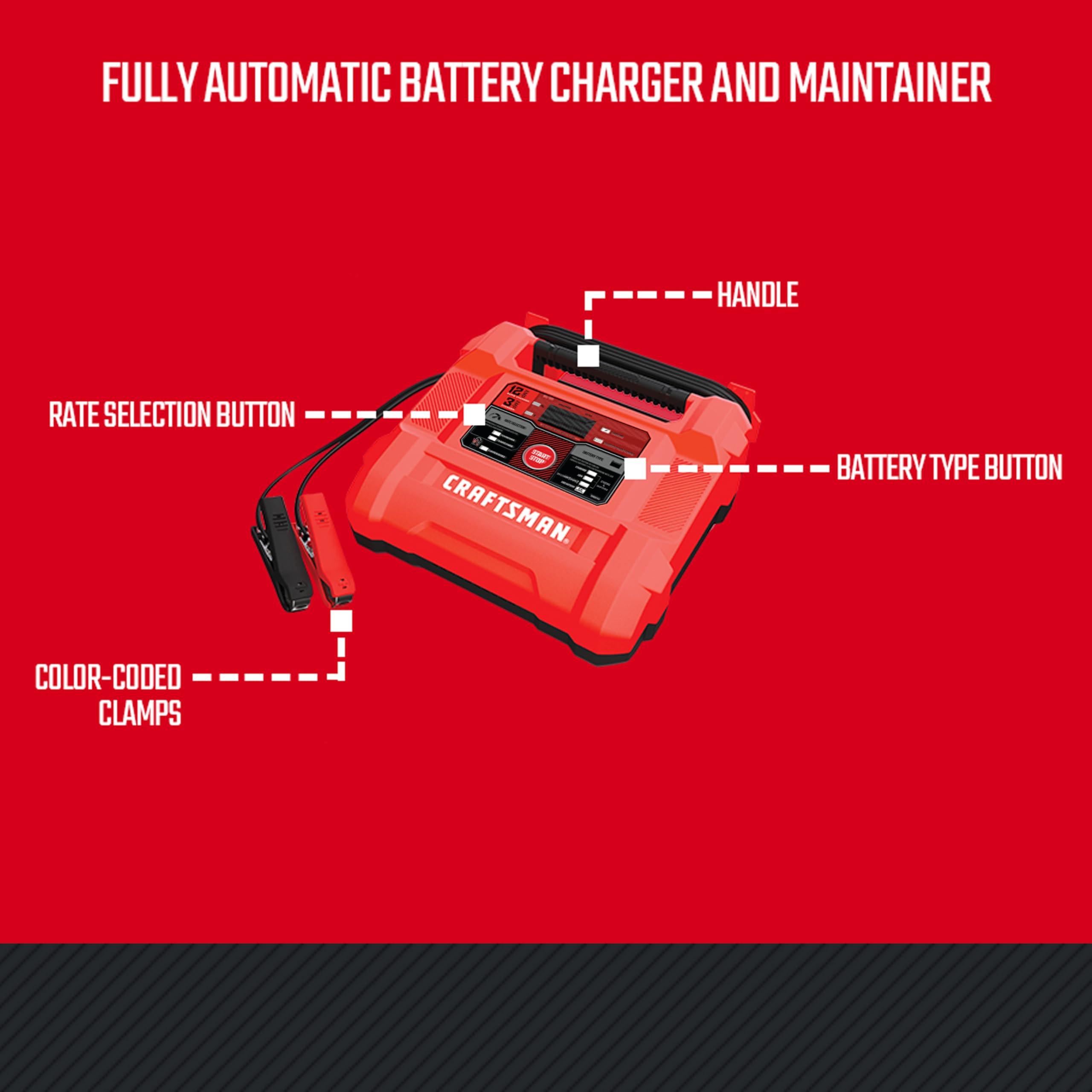 CRAFTSMAN 12A Car Battery Charger & Maintainer, 4-in-1 Solution for 6V/12V Batteries, Model CMXCESM258, Red