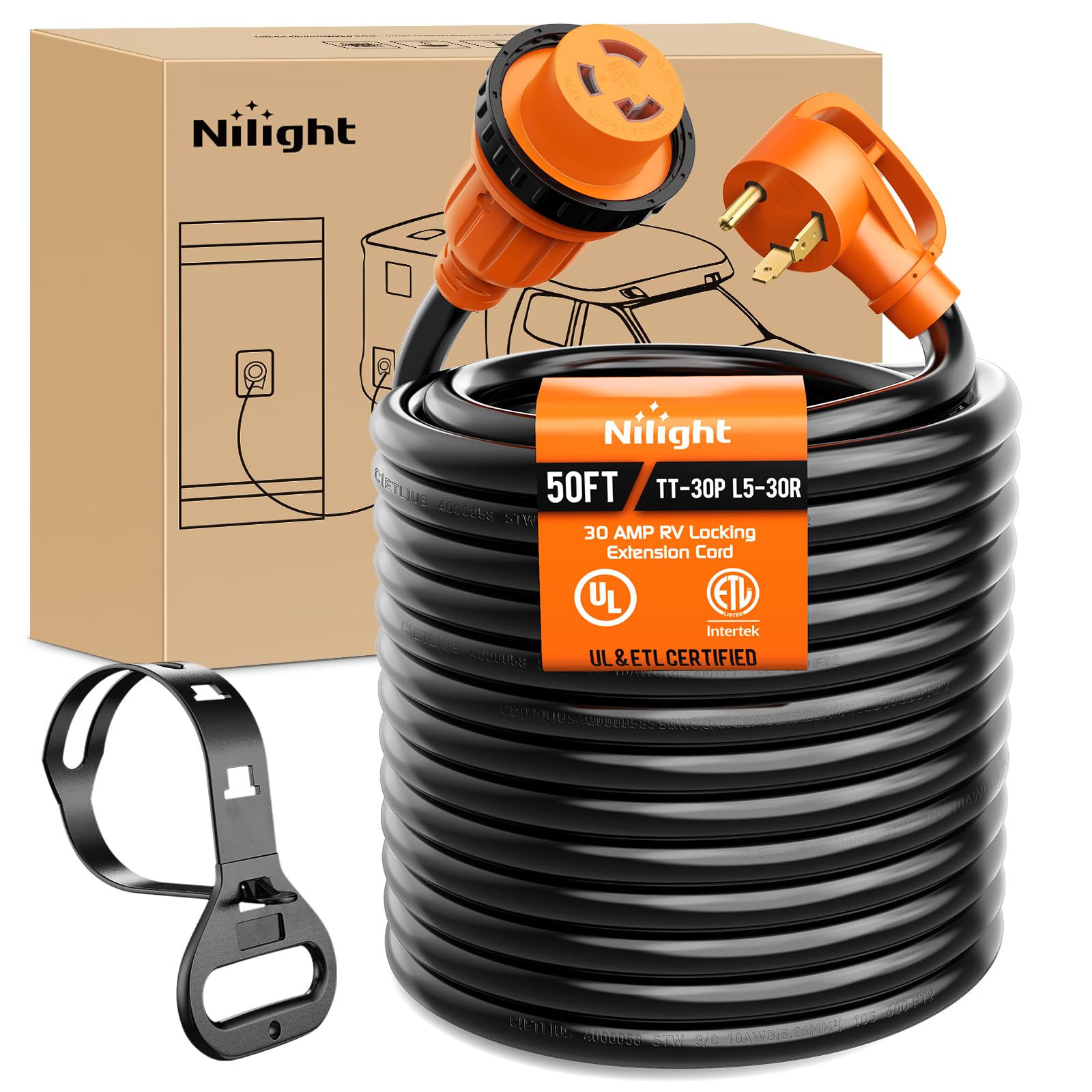 Nilight 30 Amp 50Ft Rv Locking Extension Cord 125V Heavy Duty 10 Gauge Pure Copper Stw Wire Etl Listed 3 Prong Tt-30P L5-30R 30F