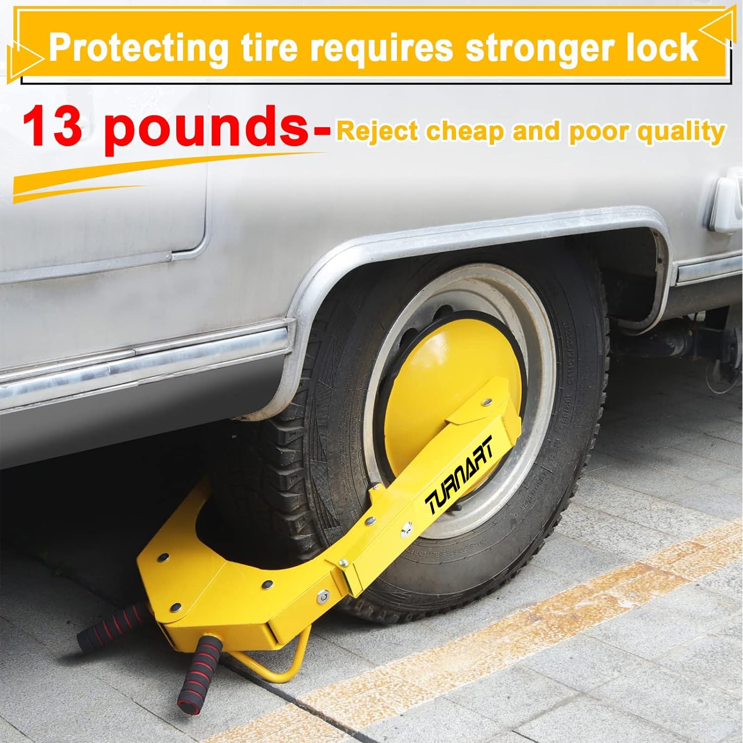 Turnart Wheel Lock Clamp - Adjustable Anti-Theft Tire Boot, Yellow, Aluminum, Model Turnart-619 for Cars, Trucks, RVs