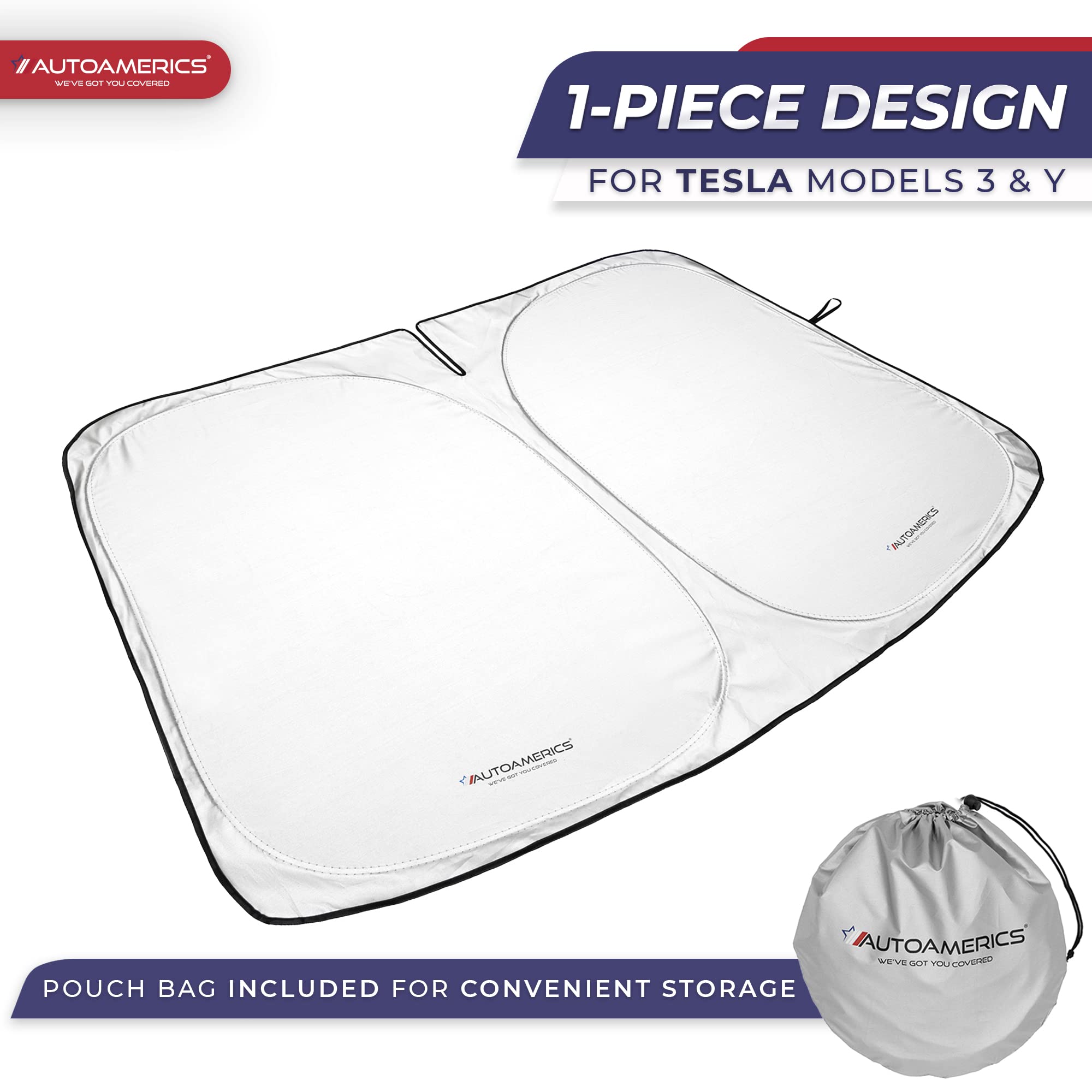 Autoamerics 1-Piece Tesla Model Y Sunshade & Tesla Model 3 Sunshade - Special Design for Model Y & 3 Windshield - Foldable Light