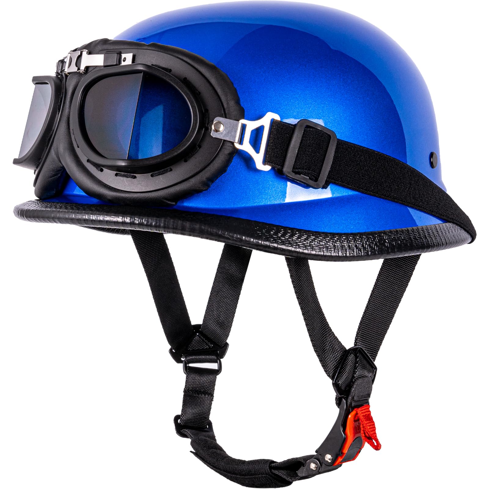Yesmotor Helmet Half Shell German Motorcycle Helmet With Cycling Glasses - Dot Approved (Medium, Blue & Black Goggles)