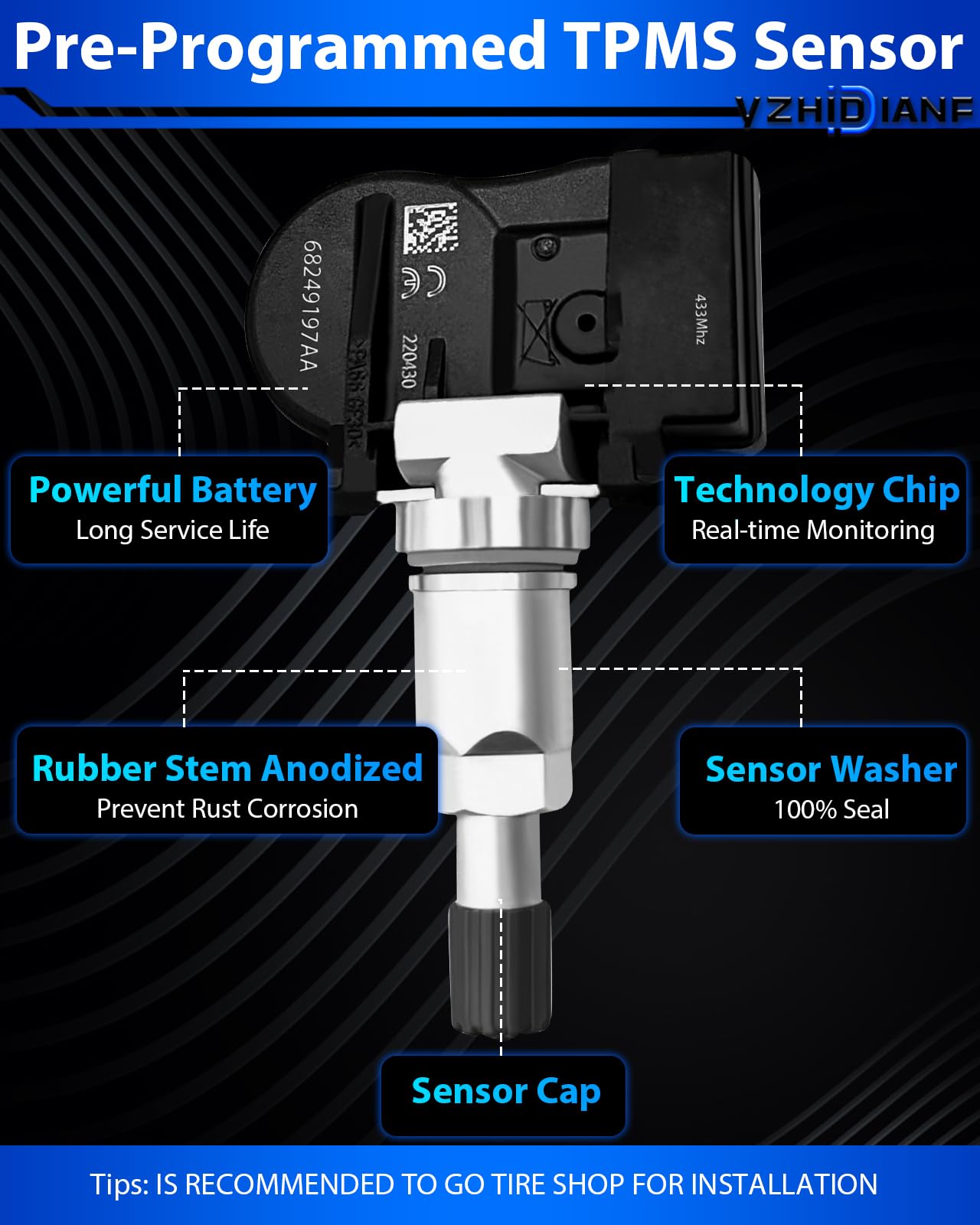 Yzhidianf 68249197Aa Pre-Programed Tire Pressure Sensor Fit For:-Jeep Cherokee For:-Ram 1500 2500 3500 433Mhz Tpms, 14 15 16 17