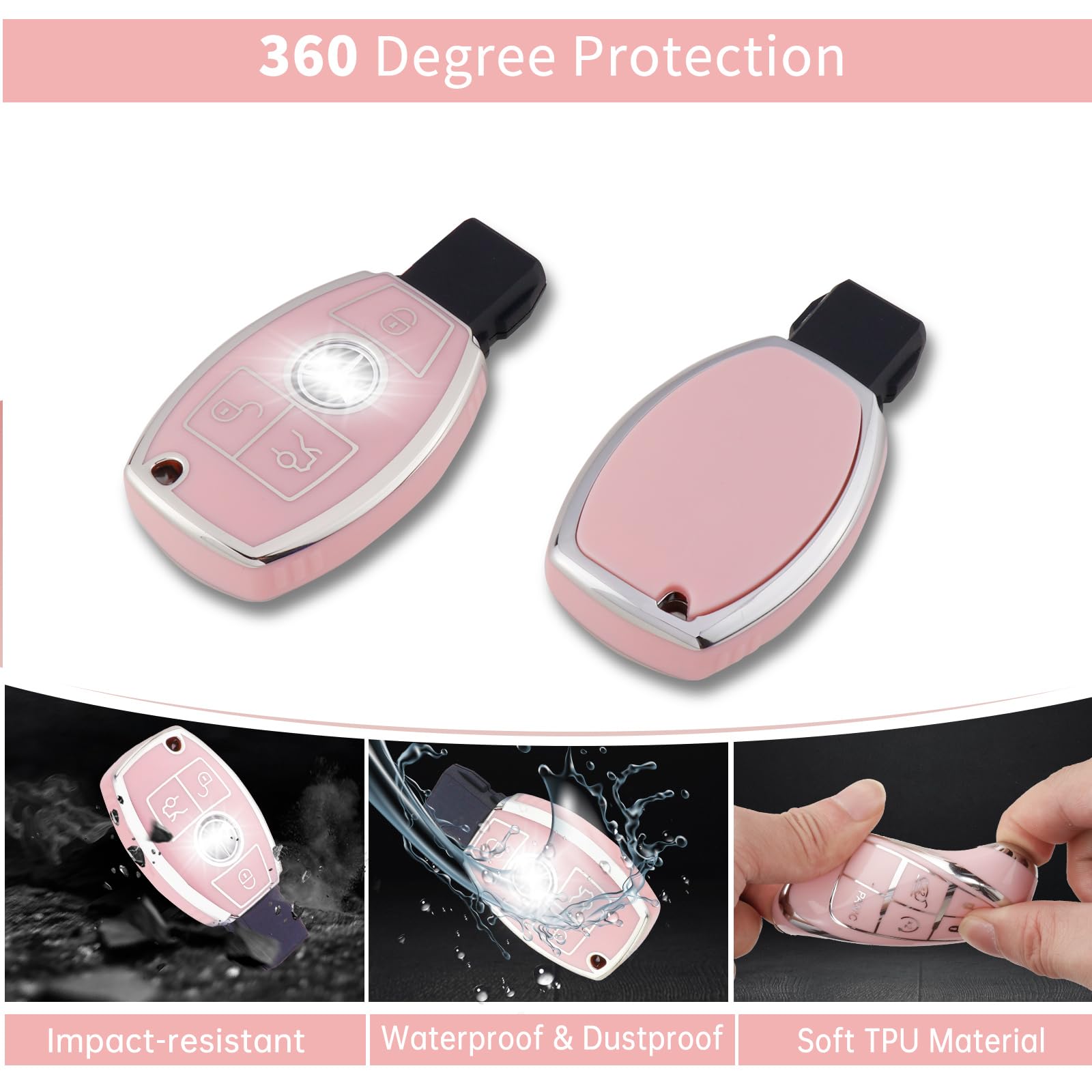Pangpai Pink Car Accessories 3 Pcs For Mercedes Benz C E S M Cls Clk G Class Key Fob Cover With Bling Keychain Cute Push To Star