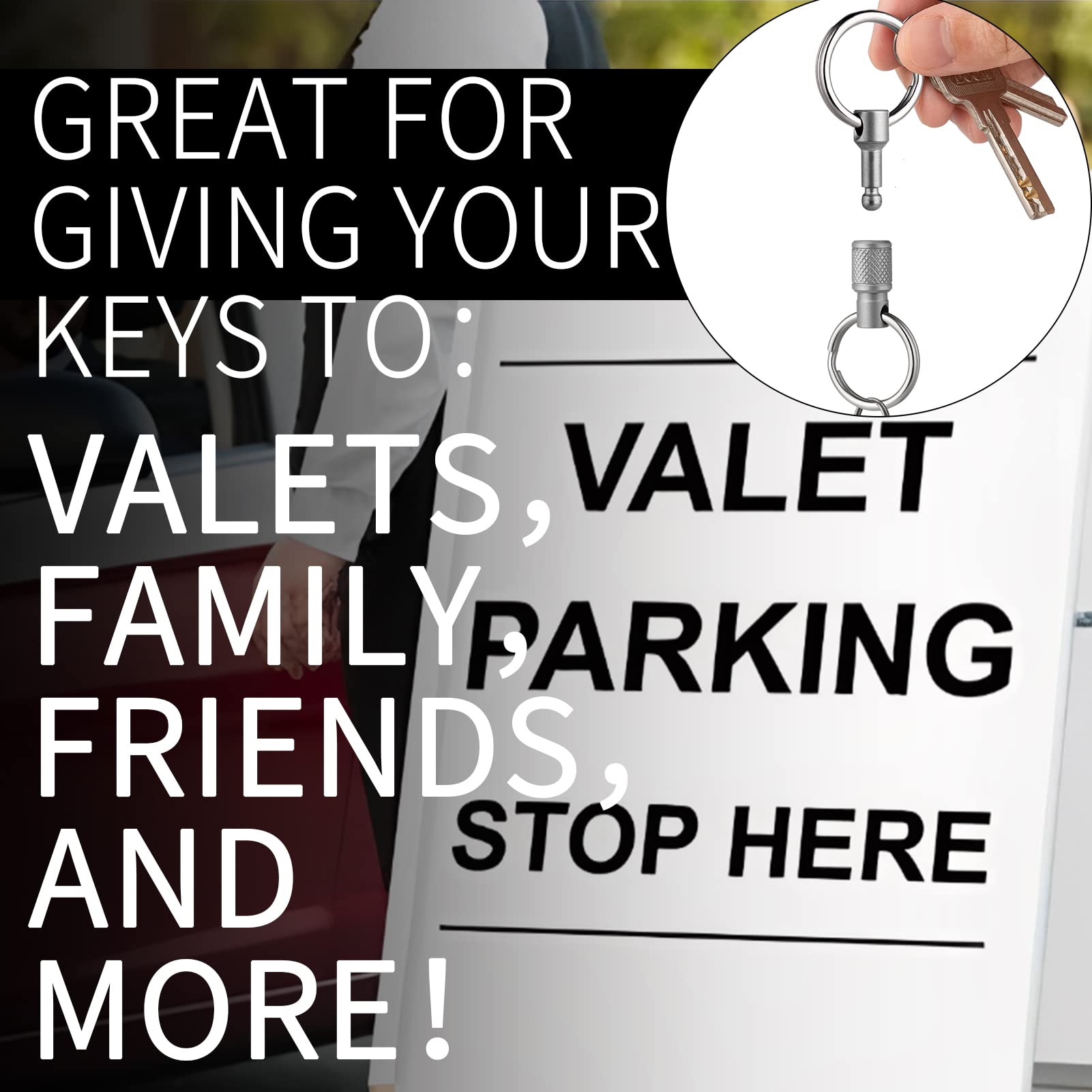 FEGVE Titanium Quick Release Swivel Keychain - Heavy Duty Detachable Car Key Holder with 4 Stainless Steel Rings - Silver