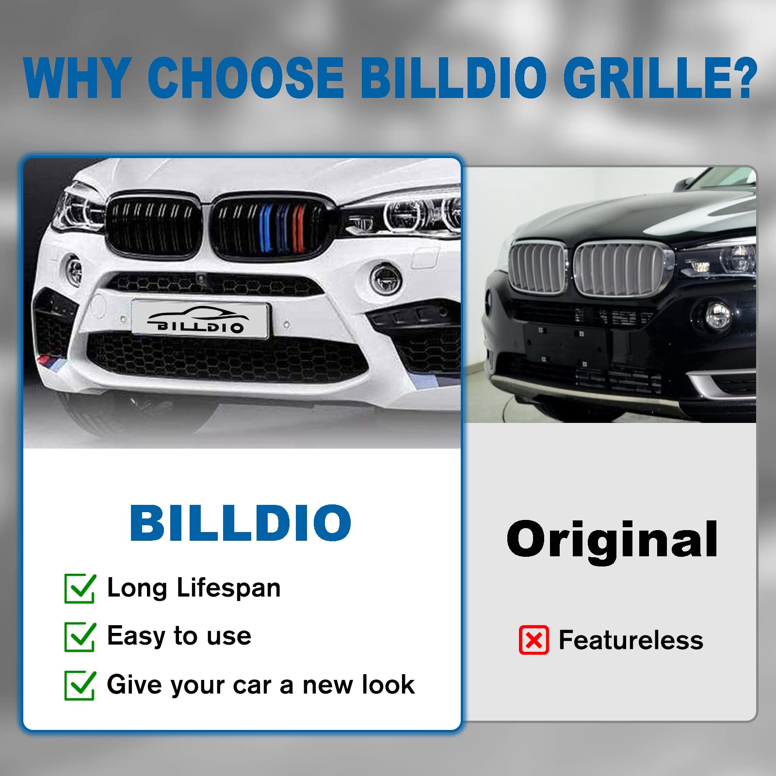 BILLDIO F15 Grill Double Slats Gloss Black ABS Compatible with 2014-2018 X5 F15 X6 F16