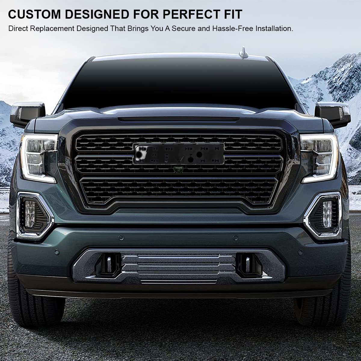Spec-D Tuning Polished Black Denali Style Front Bumper Hood Upper Grille Compatible With 2019-2021 Gmc Sierra 1500