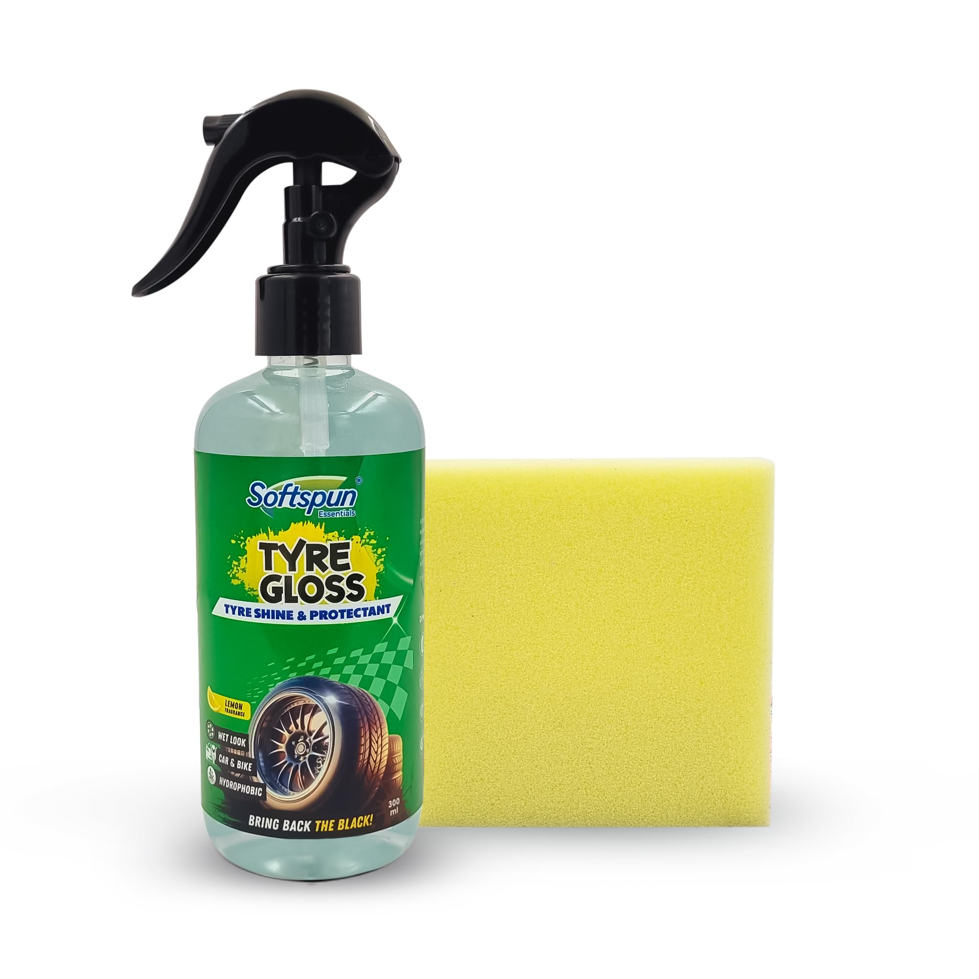 SOFTSPUN Essentials Tyre Gloss, Wet Look Shine Spray, 300ml, For Car & Bike With Applicator Pad, Hydrates Dry Tires, Gives UV Pr
