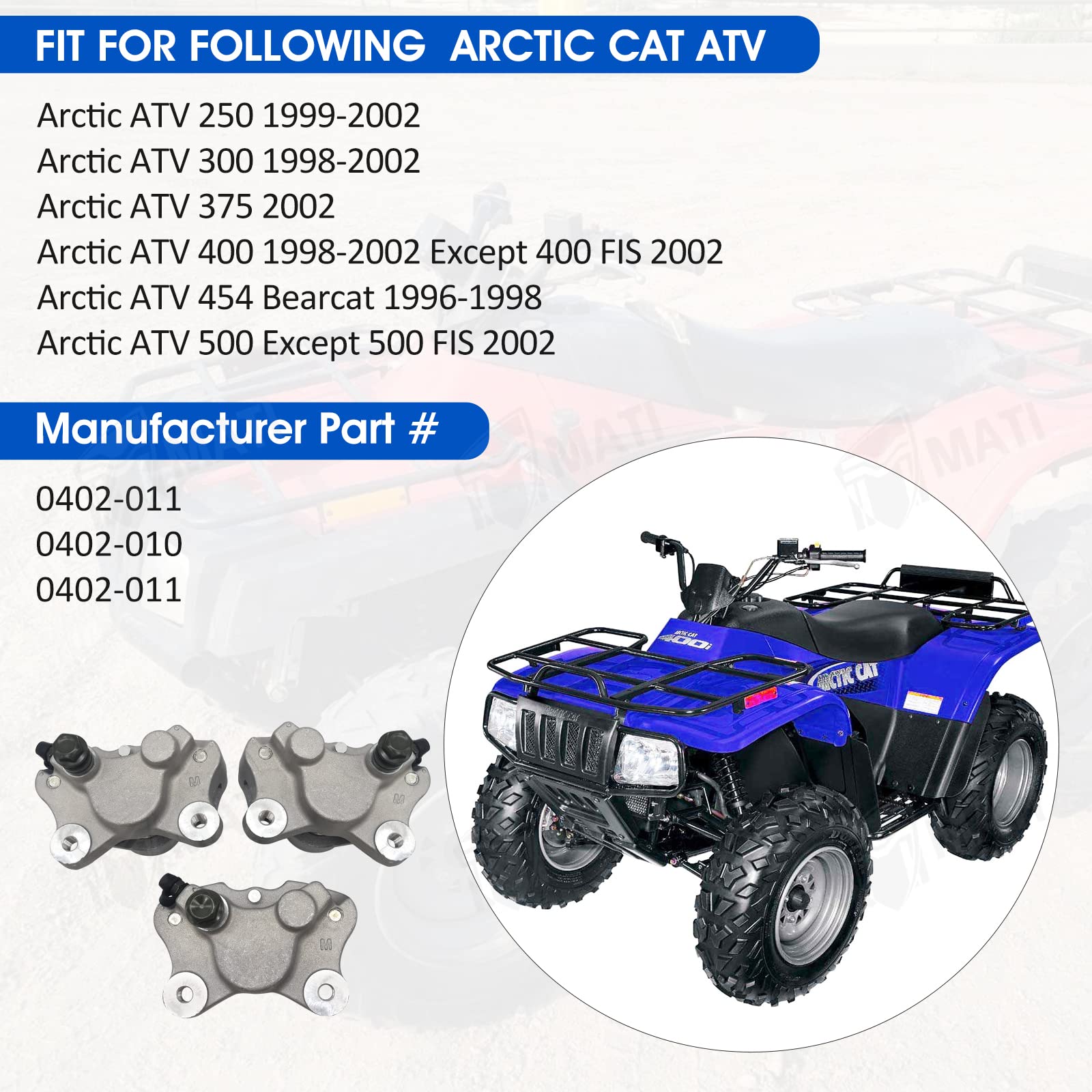 M Mati Front Left Right & Rear Brake Calipers For Arctic Cat Atv 250 300 375 400 454 500 With Pads 0402-011 0402-010 0402-011
