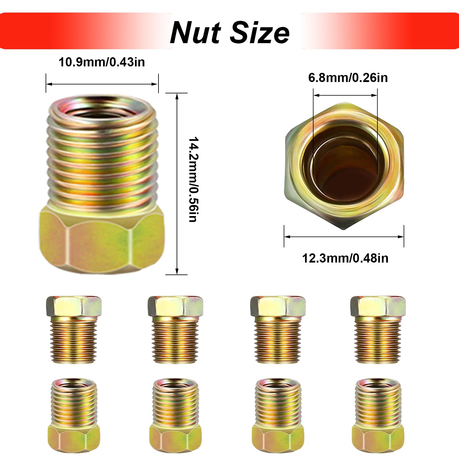 Tnisesm 12Pcs 7/16''-24 Threads Brake Line Fittings Assortment For 1/4'' Brake Line Tube(4 Unions, 8 Nuts)