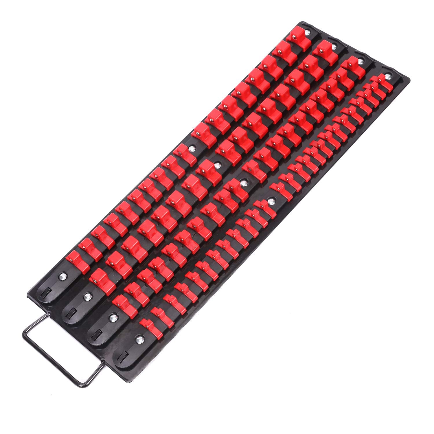 CASOMAN 80Piece Portable Socket Organizer Tray, 1/4Inch, 3/8Inch, 1/2Inch,Heavy Duty Socket Rail, Black Rails with Red Clips