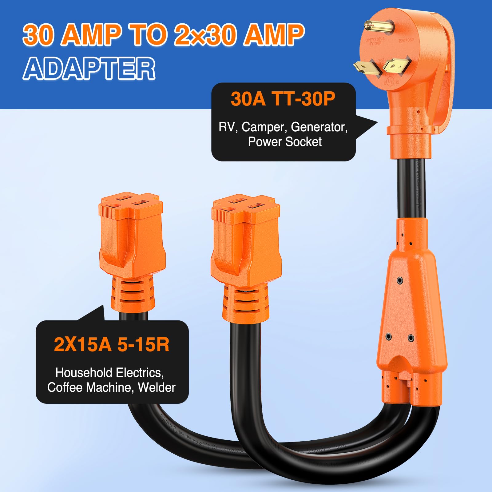 Nilight 30A to 15A RV Y Splitter Adapter Cord, 30M/15F, NEMA TT-30P to 5-15R, Pure Copper, 10