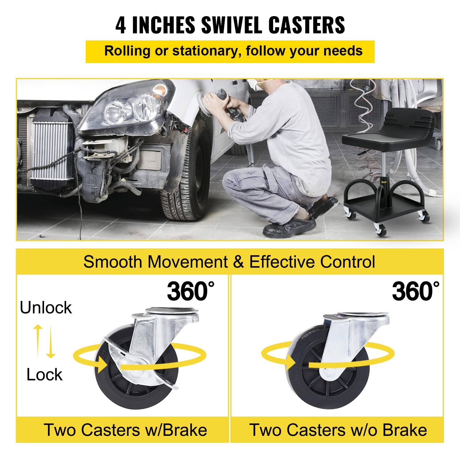 Vevor Mobile Rolling Seat, 300Lbs Capacity, 15.7'' To 20.5'' Adjustable Height, Mechanic Rolling Stool With Swivel Wheels And To