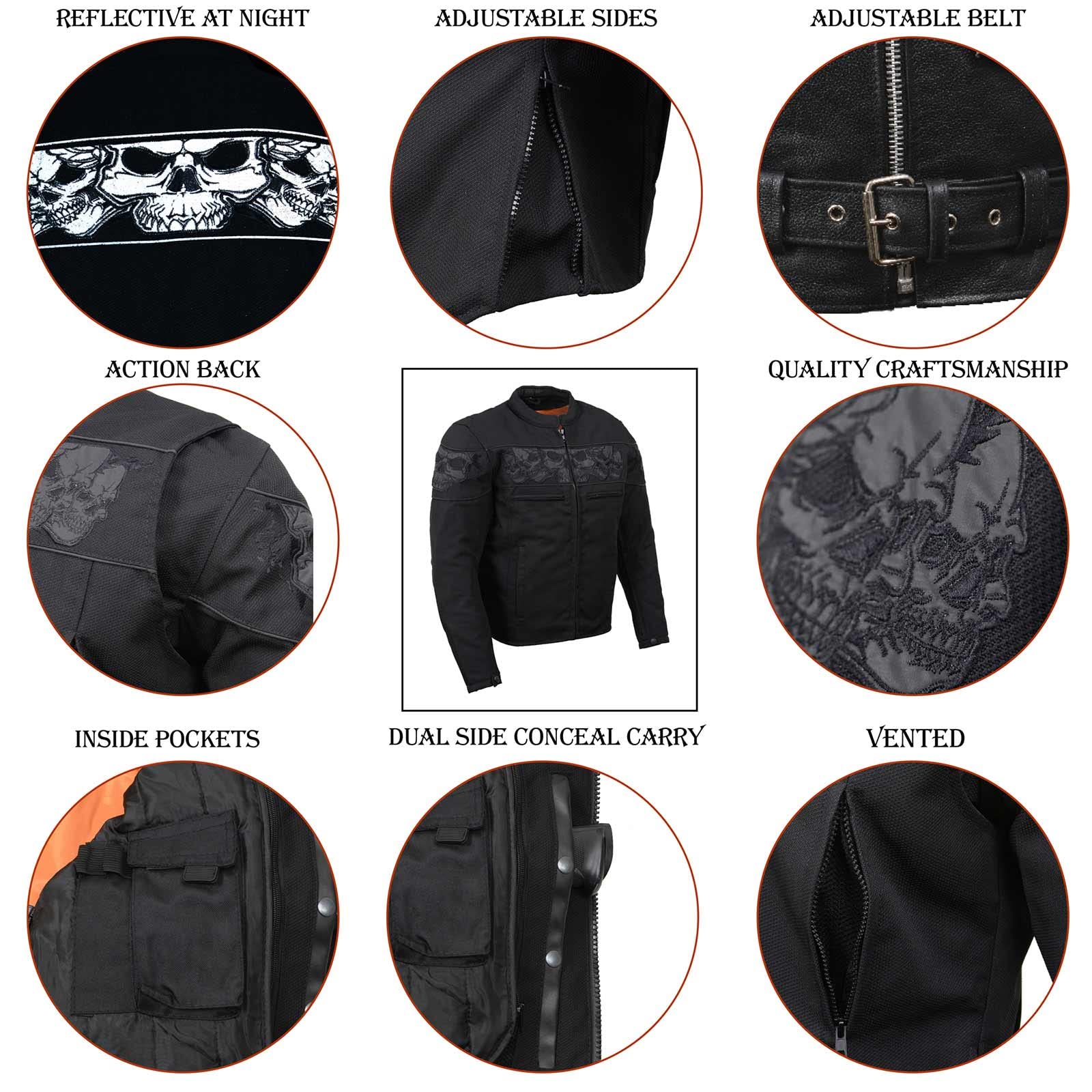 Milwaukee Leather MPM1730 Black Padded Textile Motorcycle Jacket for Men w/Reflective Skulls - All Season Motorcycle Jacket - La