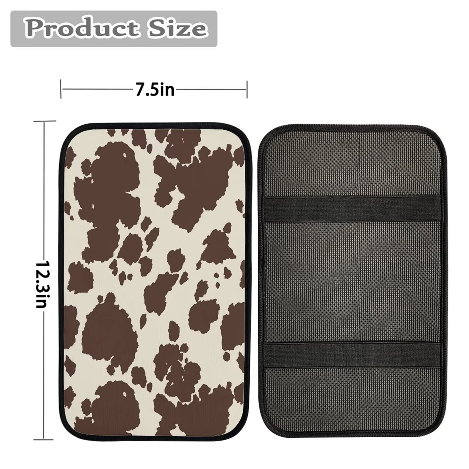 Dreaweet Brown Cow Print Auto Center Console Pad, Breathable Car Armrest Seat Box Cover Protector Universal Fit Cushion for Most