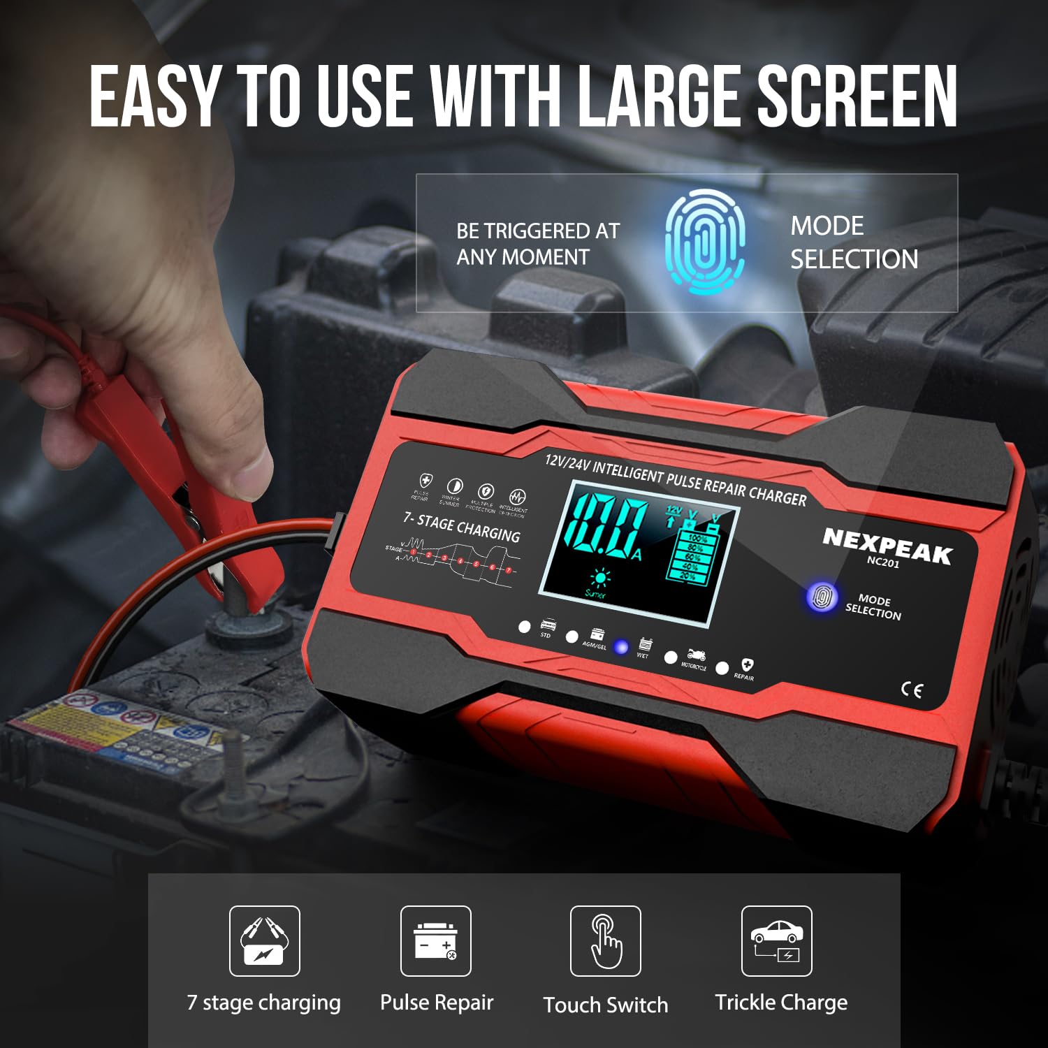 NEXPEAK NC201 10-Amp Smart Trickle Car Battery Charger 12V/24V Fully Automatic Maintainer w/Temp Compensation