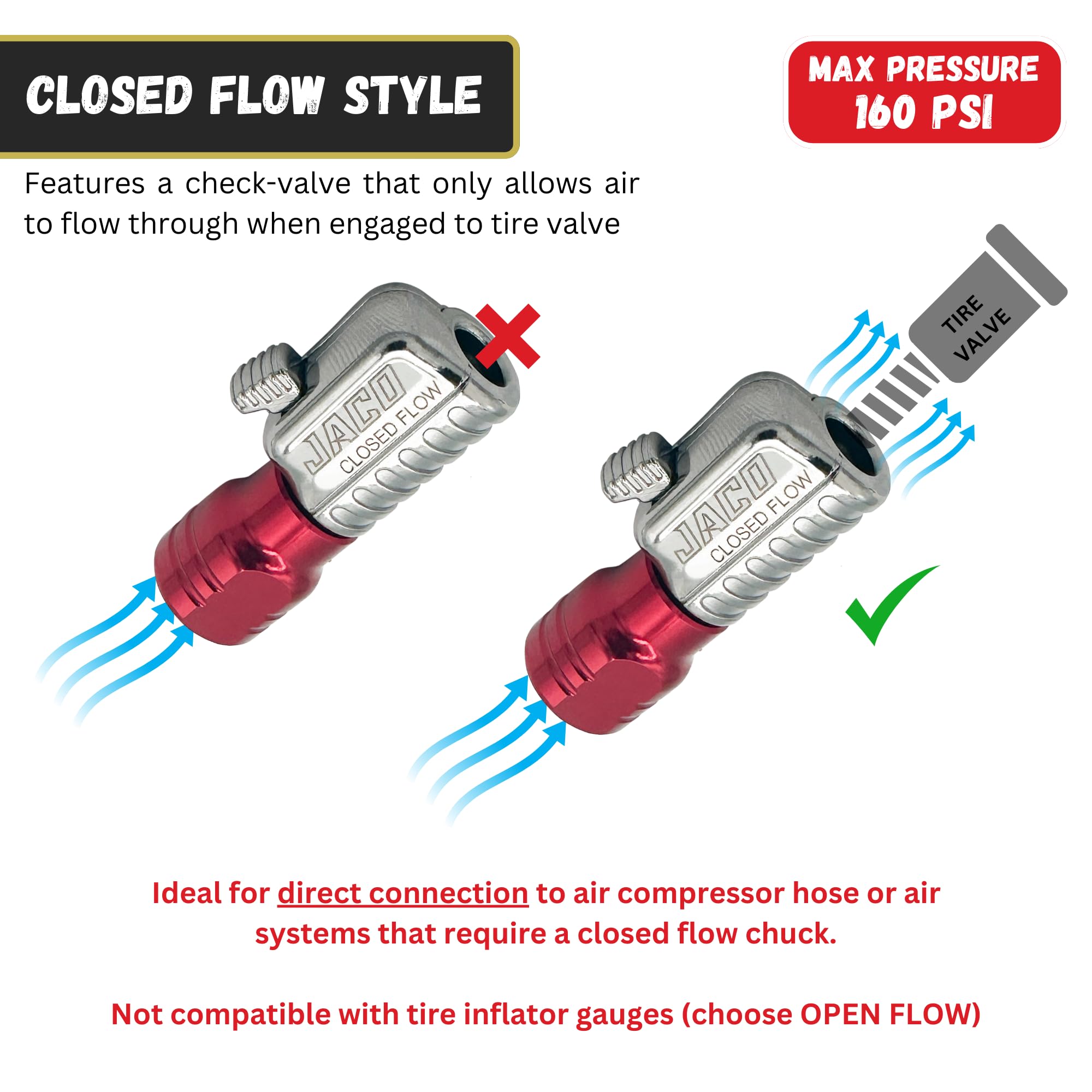 Jaco Lightning S2-Series Tire Air Chuck - 1/4'' F-Npt (Closed Flow)