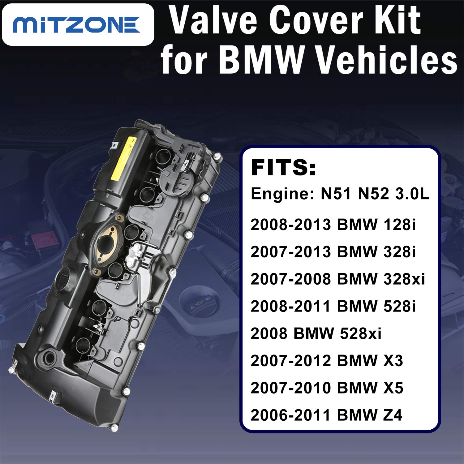MITZONE N52 Engine Valve Cover Kit with Oil Cap & PCV Hose, Plastic, Model 004-065-A, Compatible with BMW E82, E9X, E60, E70,