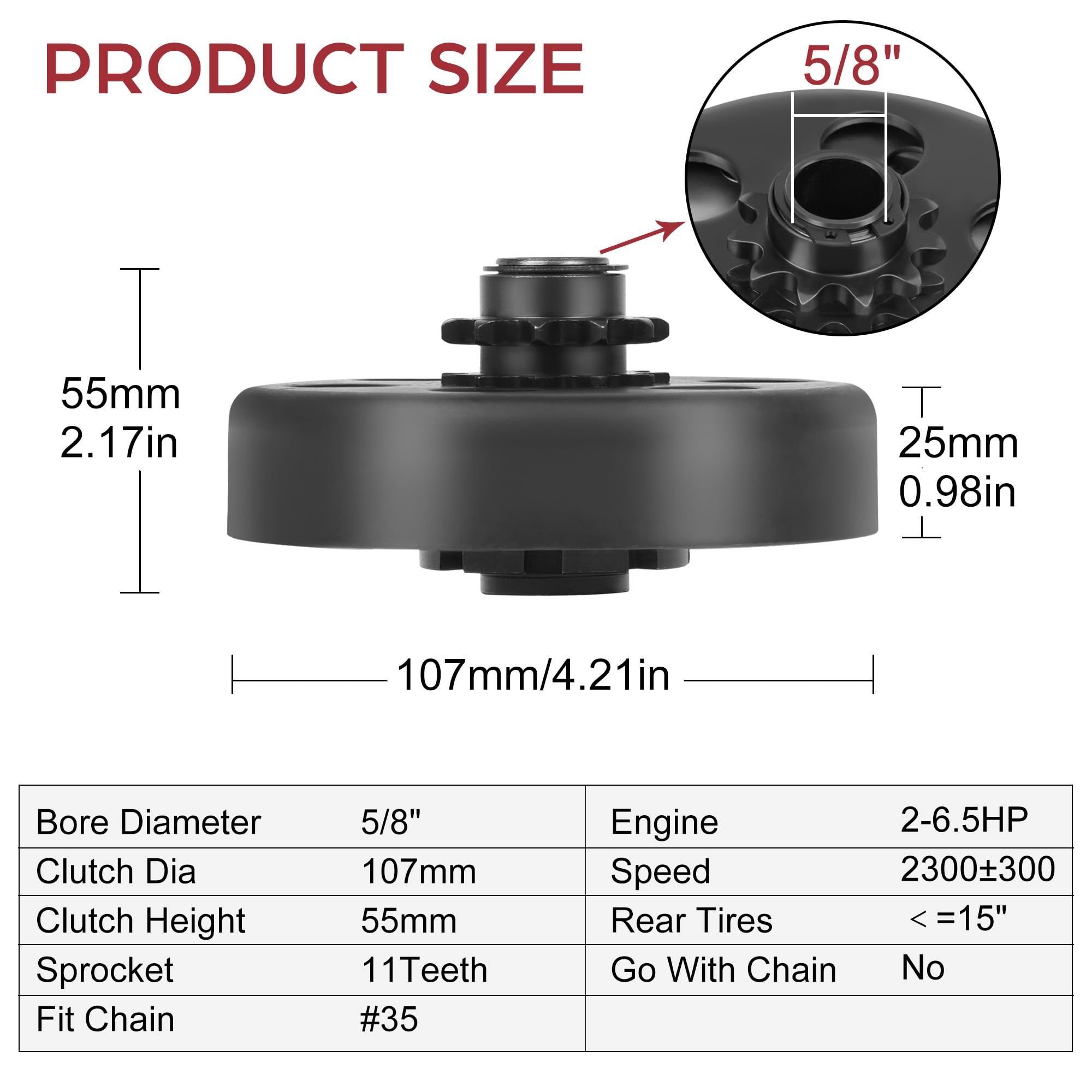 LotFancy Go Kart Clutch 5/8 Bore, 11 Tooth Centrifugal Clutch for #35 Chain, Fits Predator 2.8 HP 97cc Engine, Some Older 3hp