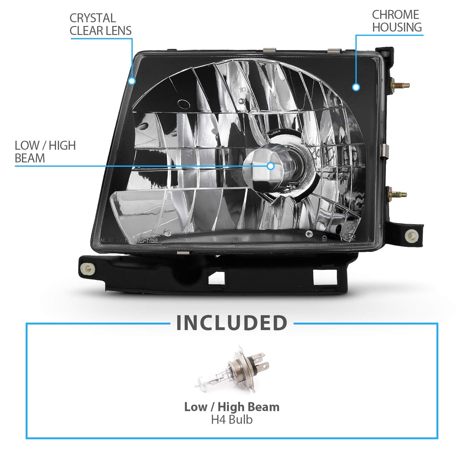 AmeriLite Black Replacement Headlights for 1998-2000 Toyota Tacoma - Driver & Passenger Side, Crystal Black Finish