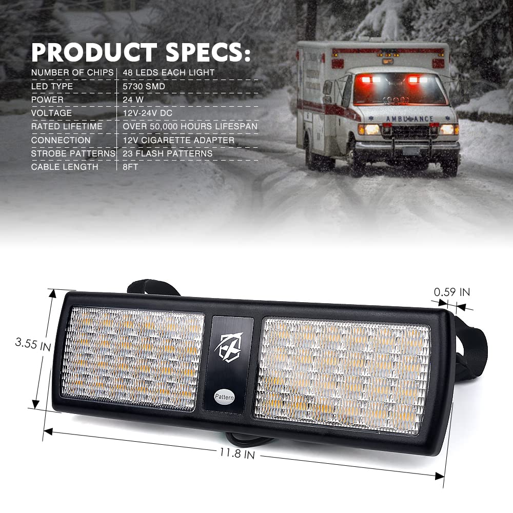 Xprite White/Red LED Dual Visor Strobe Flashing Lights, Windshield Sunshield Hazard Warning Light for Law Enforcement Emergency