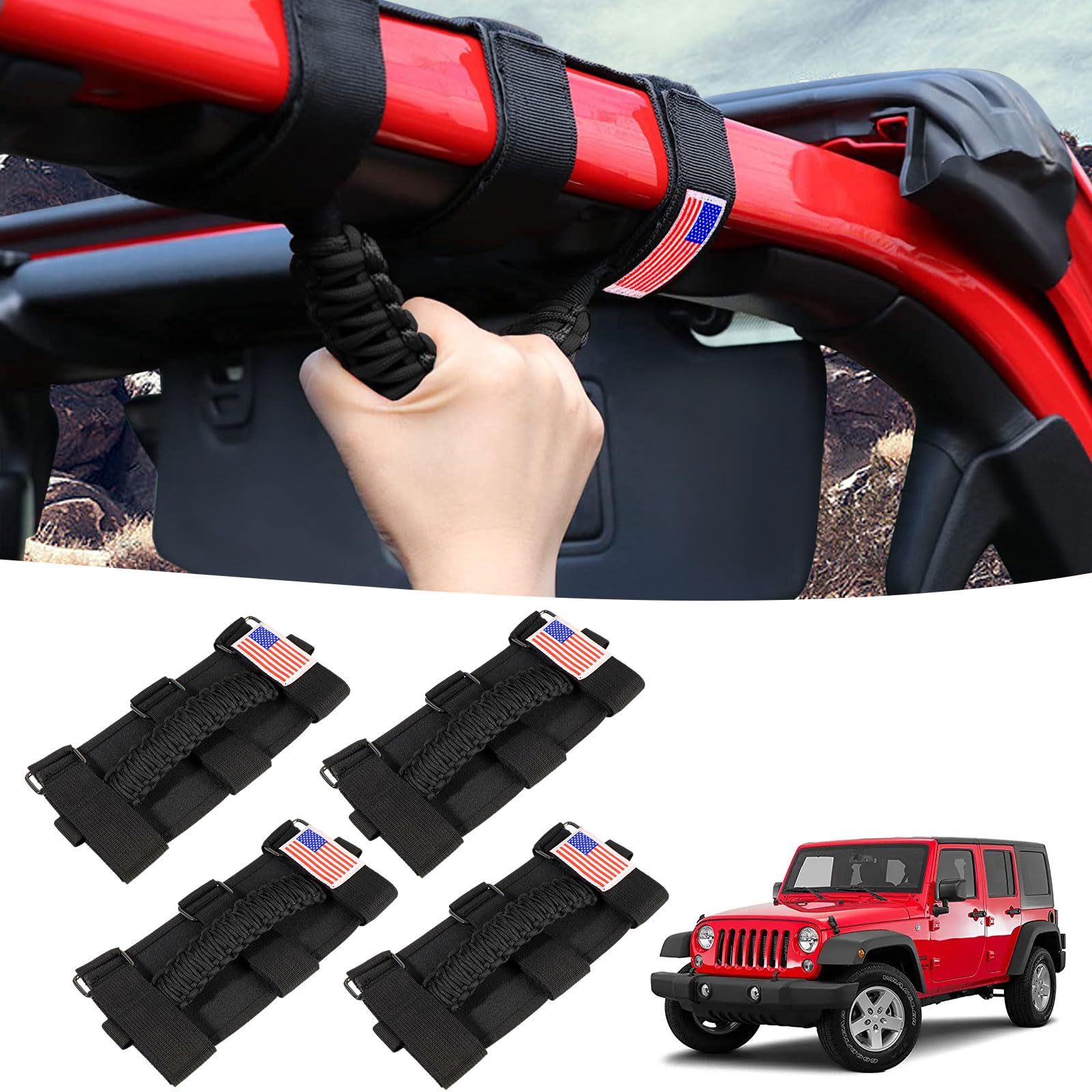GAIZON 4 Pack Grab Handles Paracord Roll Bar for Jeep Wrangler Accessories CJ YJ TJ JL JK LJ JLU JKU Sahara Freedom Rubicon,Glad