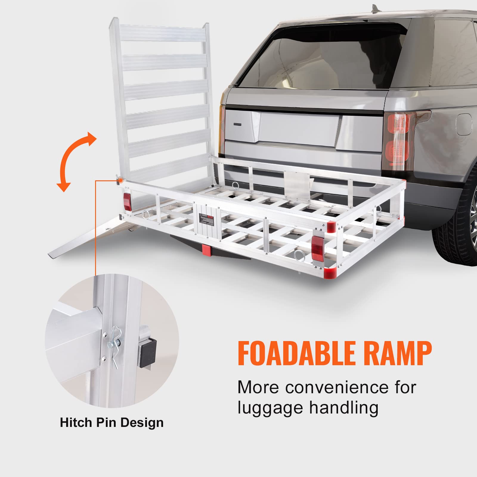 Vevor 50 X 29.5 X 8.7 In Hitch Cargo Carrier, 500Lb Capacity Trailer Hitch Mount Aluminum Cargo Basket With Folding Ramp, Luggage Carrier Rack Fits 2' Hitch Receiver For Suv Truck Pickup Camping