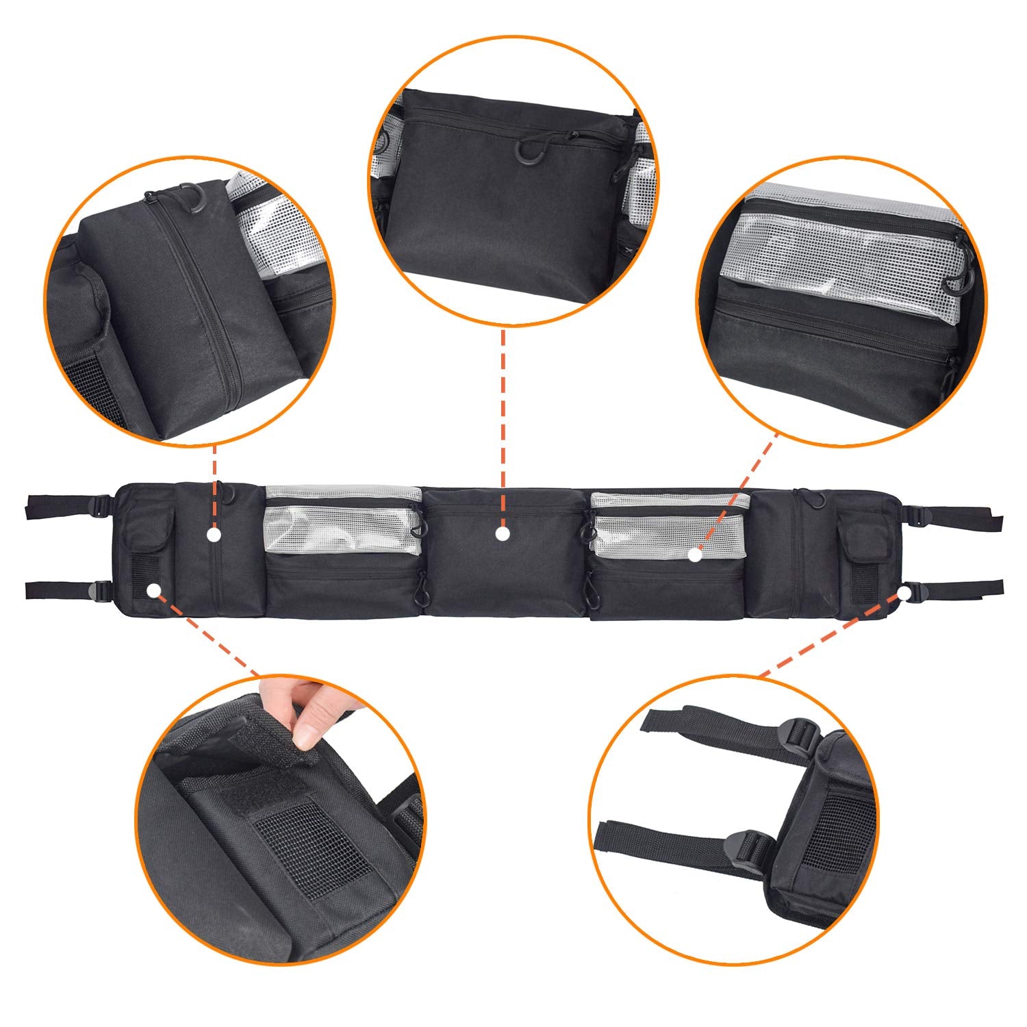 MYDAYS UTV Roll Cage Organizer Case, Black Fabric Storage Bag for Full Size UTVs